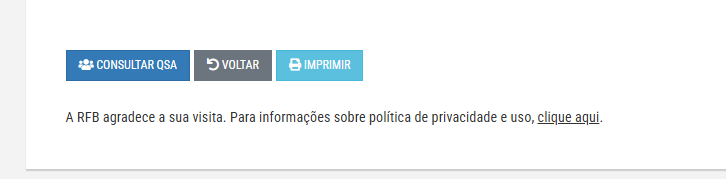 Botões de ação após a consulta do Cartão CNPJ