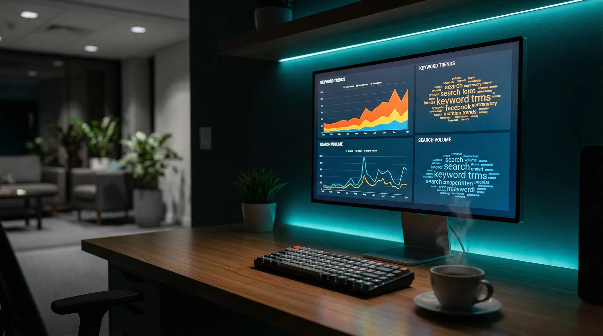 Monitor displaying keyword analytics charts and search volume data in a modern workspace