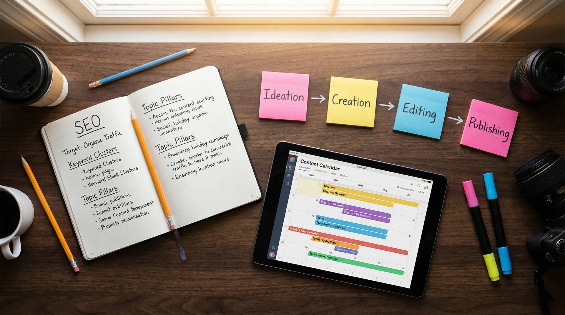 Overhead view of a content strategy planning session with SEO notes and sticky notes on a desk