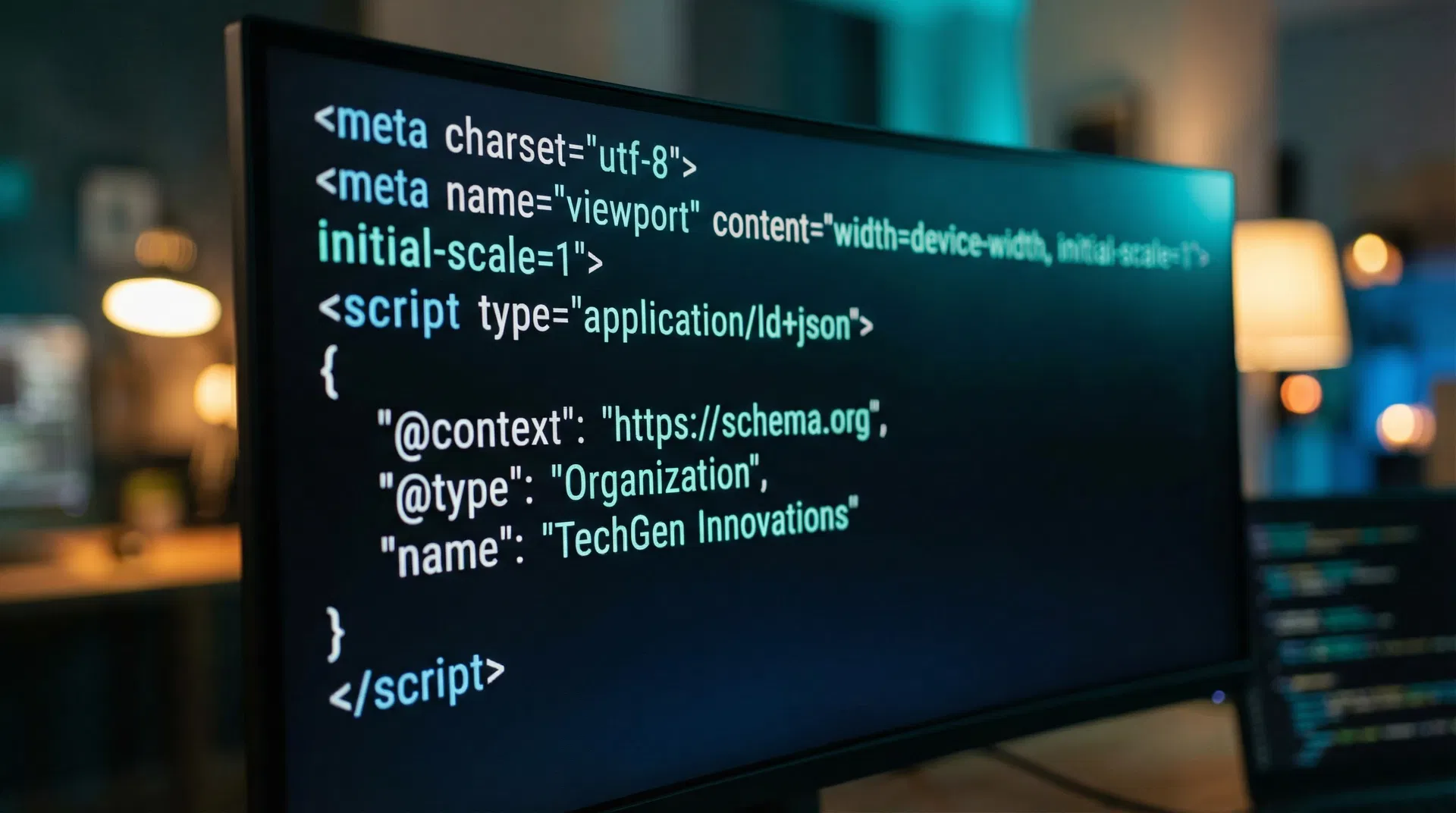 Close-up of code on a dark monitor screen showing HTML meta tags and structured data markup