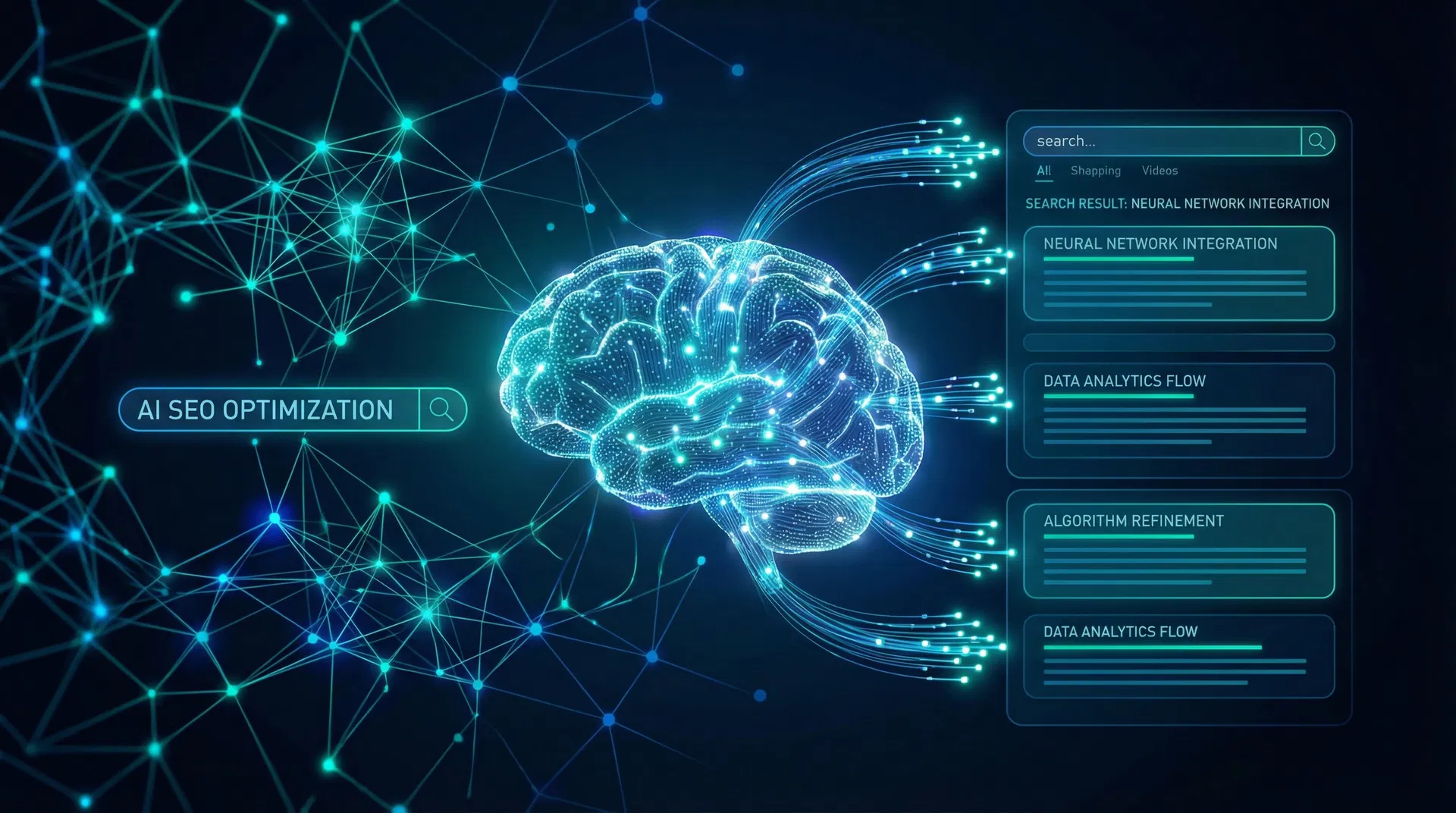 Futuristic visualization of artificial intelligence and SEO with neural network patterns