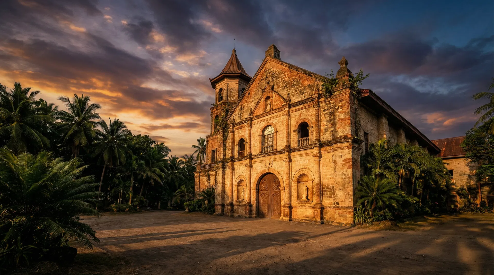 Philippine baroque church at golden hour — symbol of East-West cultural crossroads