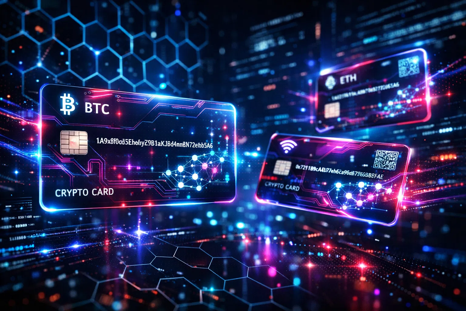 Futuristic crypto cards with holographic effects