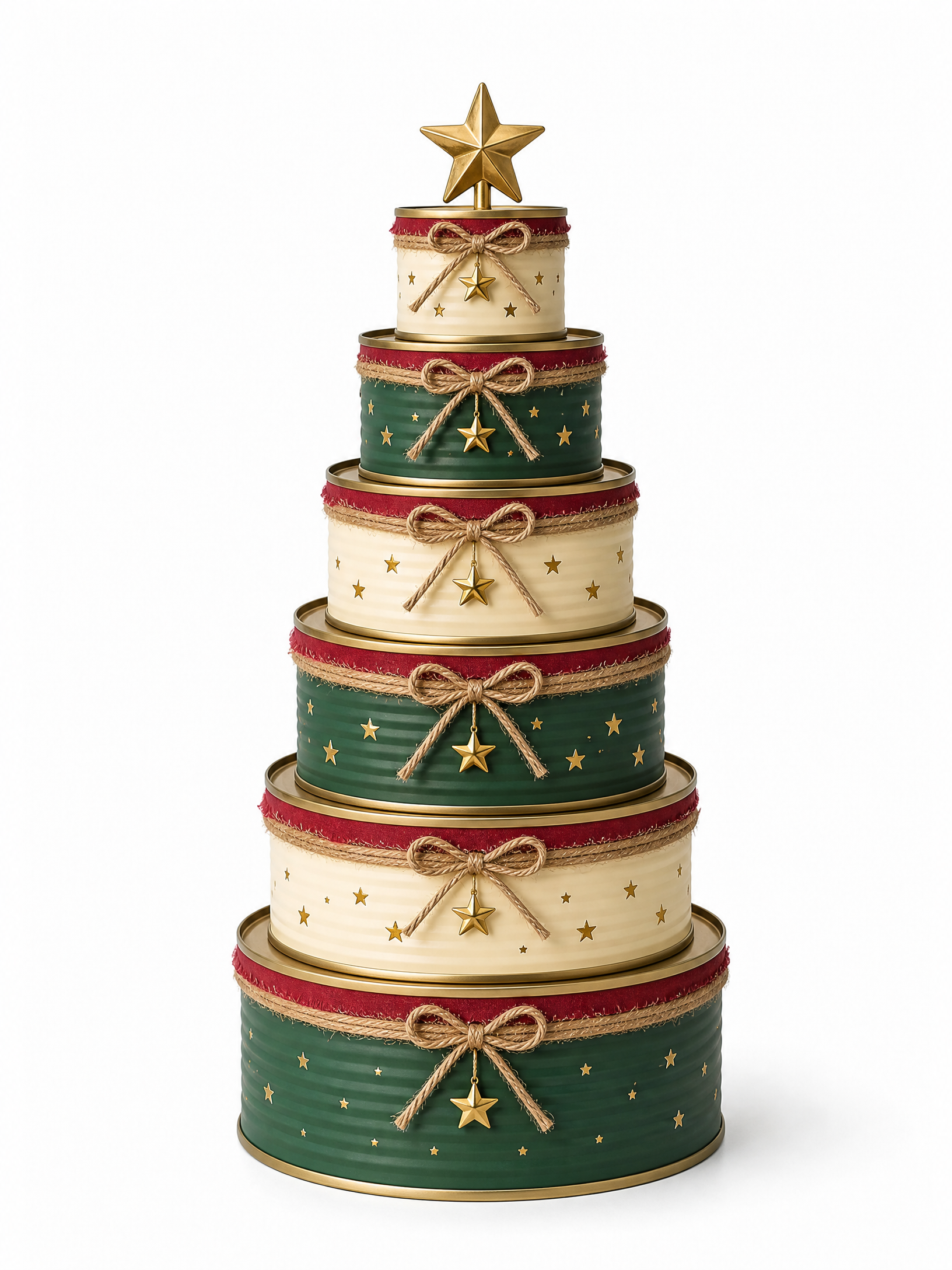 Árvore de Natal de mesa feita com latas recicladas em tamanhos variados, em fundo branco vertical.