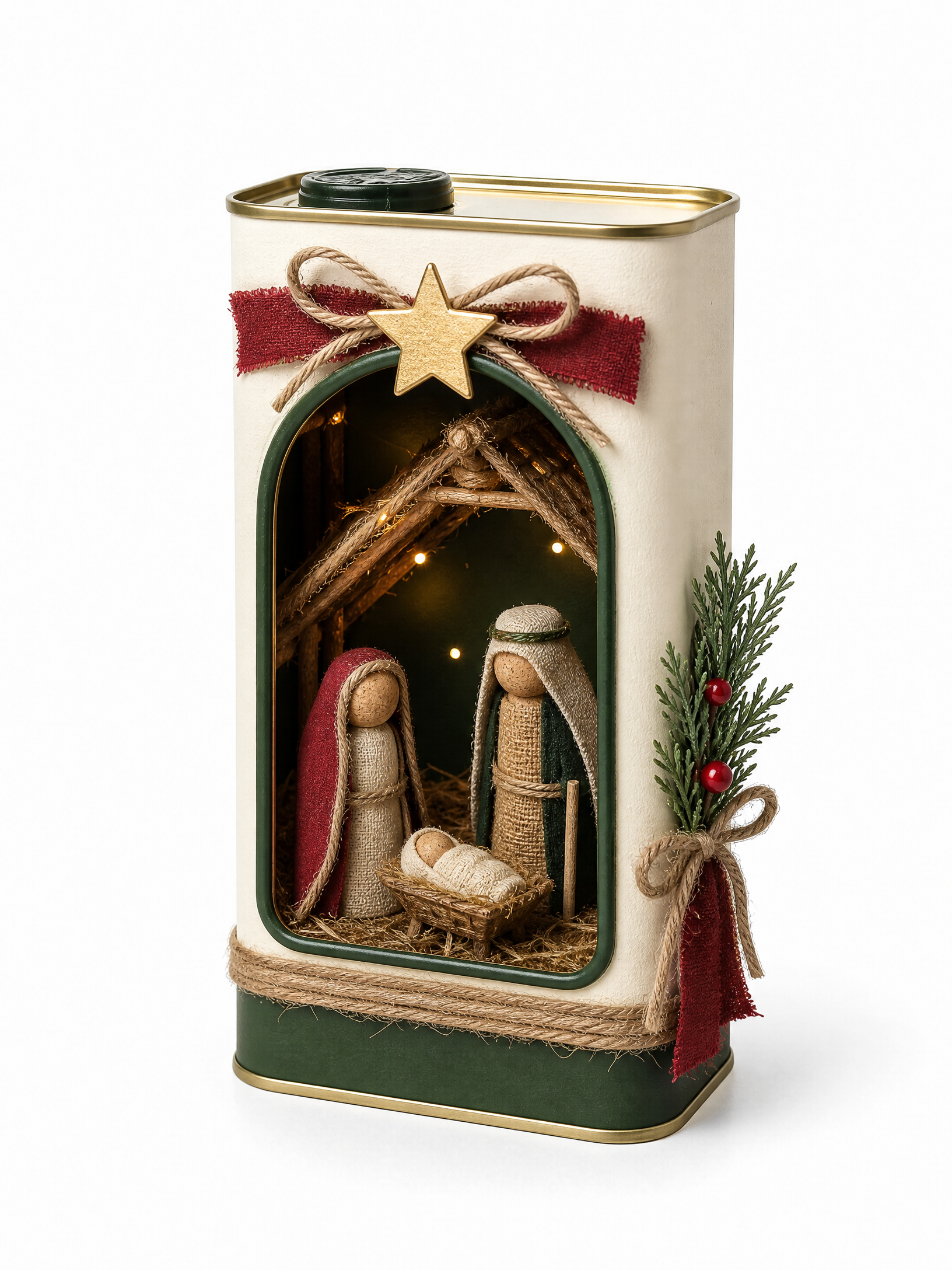 Presépio de Natal em diorama feito com lata retangular reciclada, em fundo branco vertical.