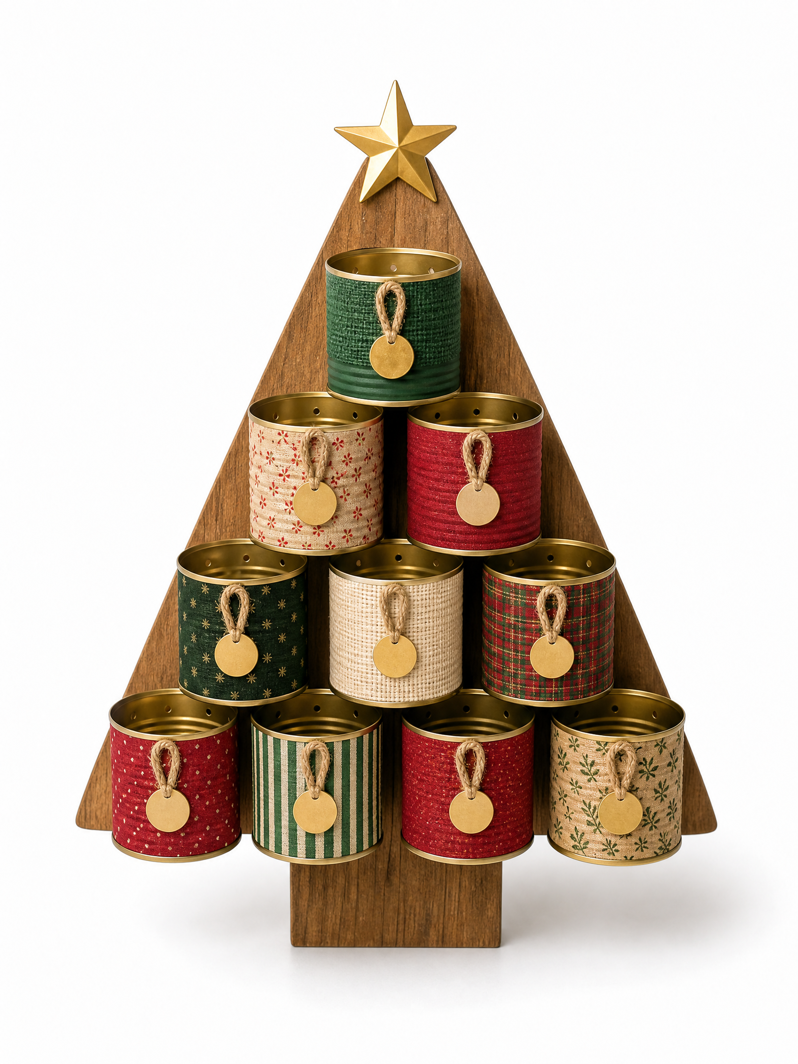 Calendário do Advento feito com mini latas recicladas, em fundo branco vertical.