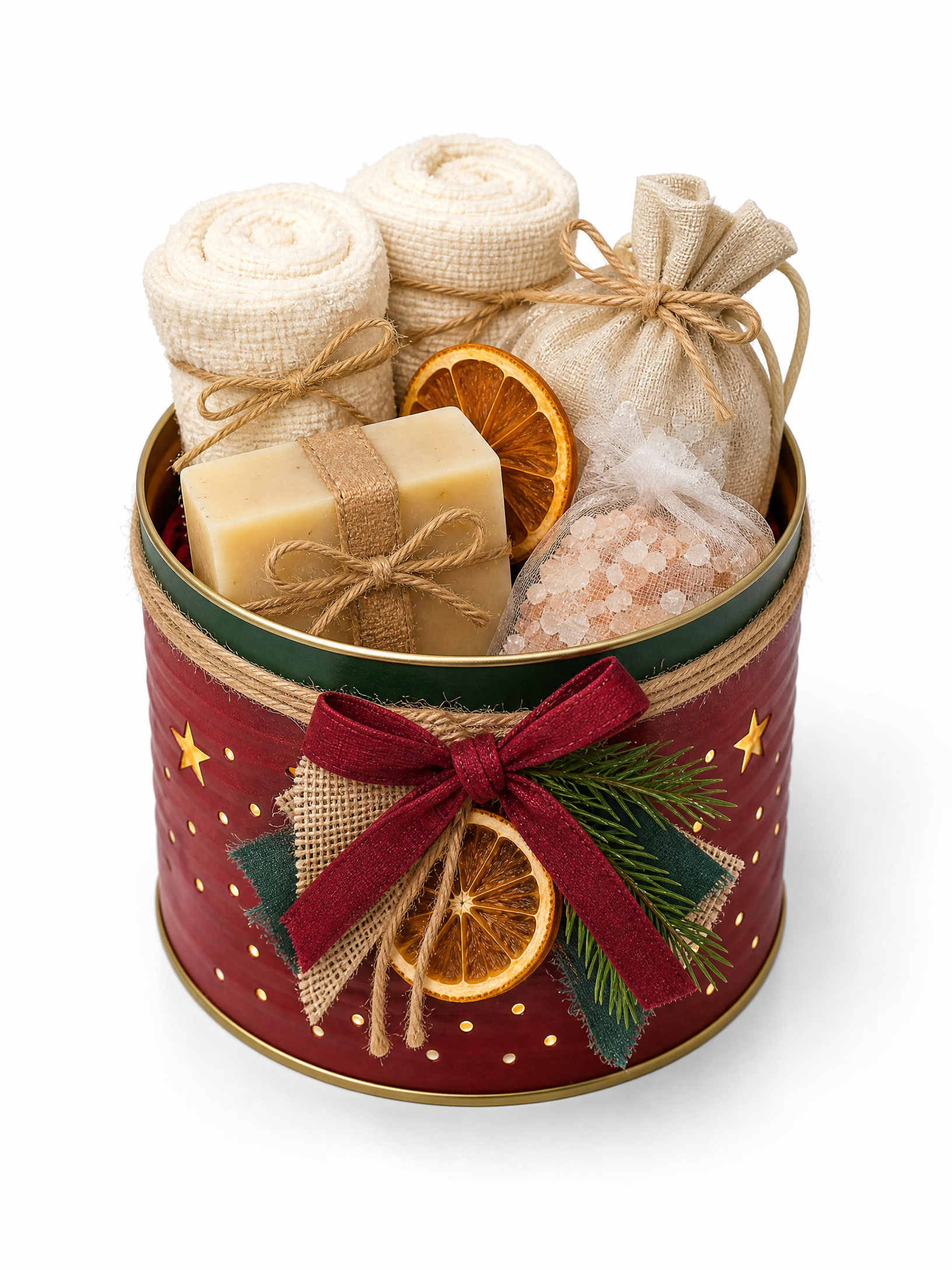Kit de autocuidado de Natal em lata reciclada decorada, em fundo branco vertical.