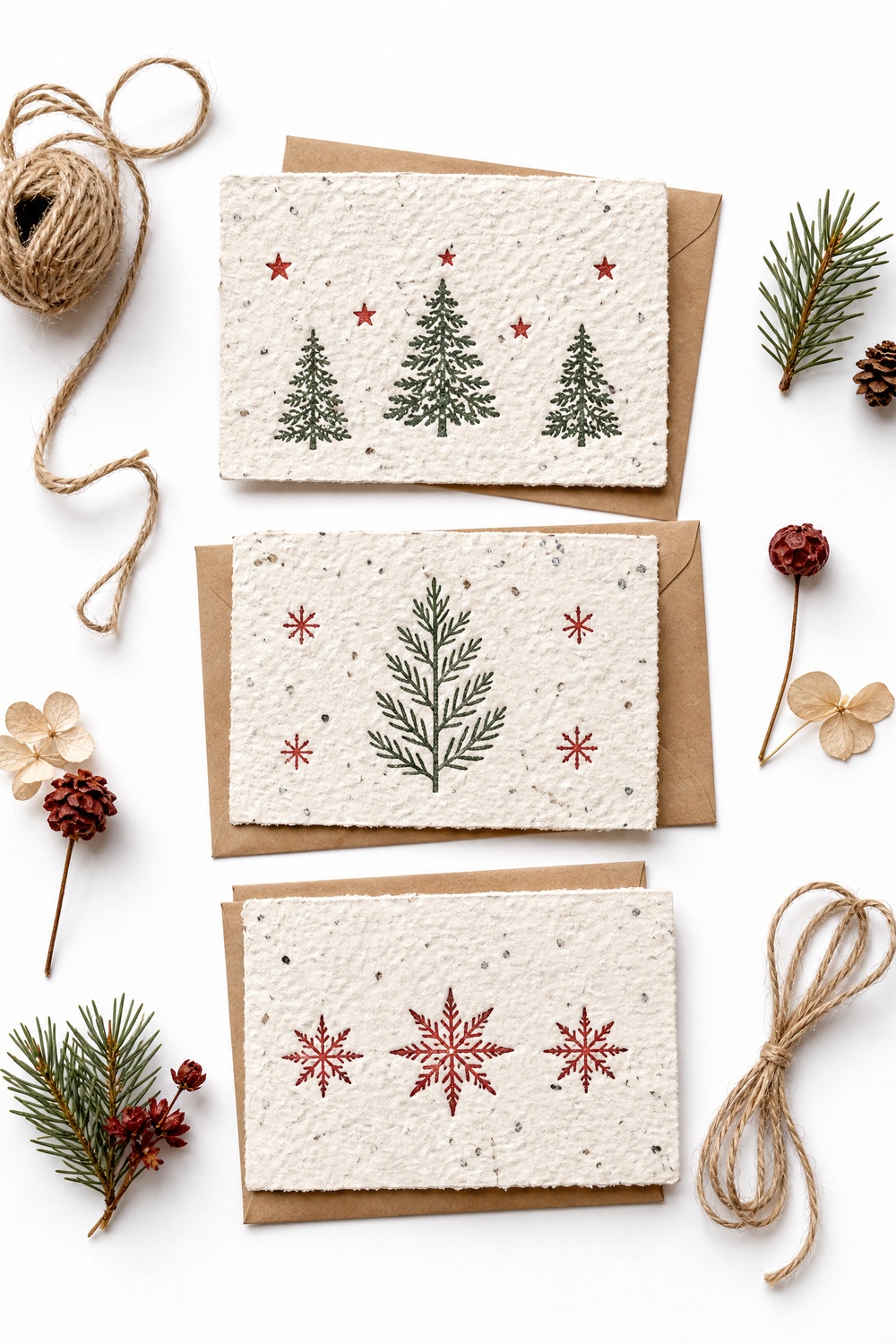Cartões natalinos artesanais feitos com papel-semente reciclado, em fundo branco vertical.