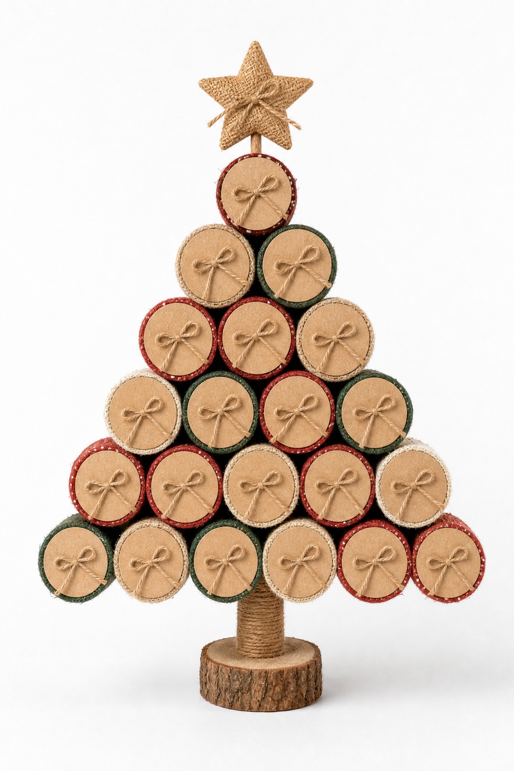Calendário do Advento natalino feito de rolos de papelão reciclados, em fundo branco vertical.
