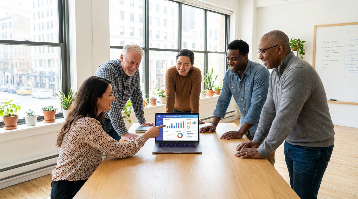 A diverse team of small business owners collaborating around a laptop showing AI analytics dashboards. A diverse team of small business owners collaborating around a laptop showing AI analytics dashboards.