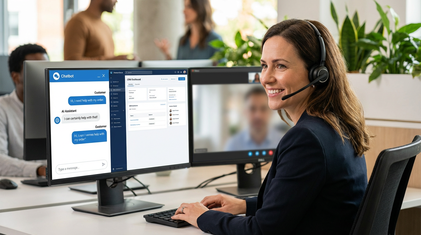 A friendly customer service representative using an AI chatbot interface. A friendly customer service representative using an AI chatbot interface.