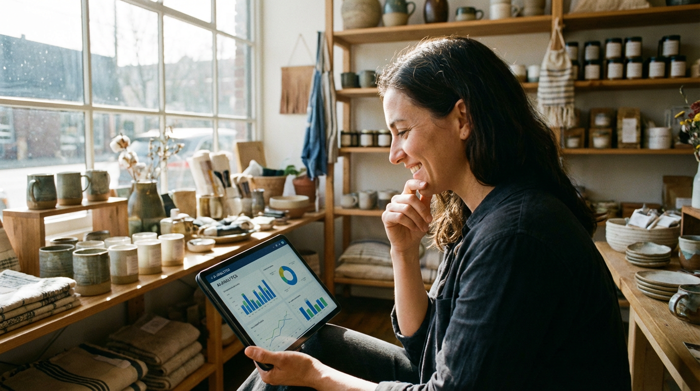 A small business owner reviewing AI-powered analytics on a tablet. A small business owner reviewing AI-powered analytics on a tablet.