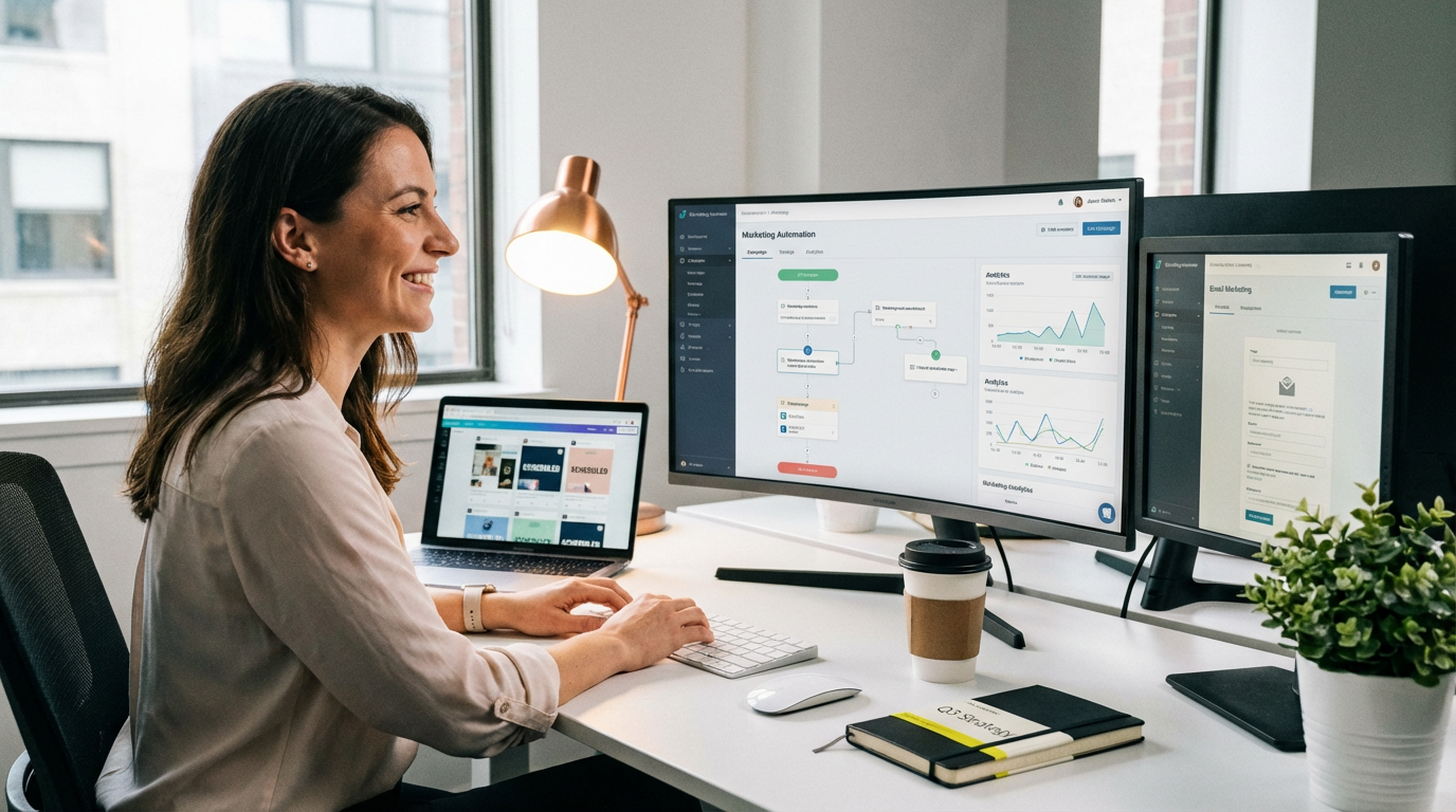A marketing professional working on multiple screens displaying automated marketing campaigns. A marketing professional working on multiple screens displaying automated marketing campaigns.