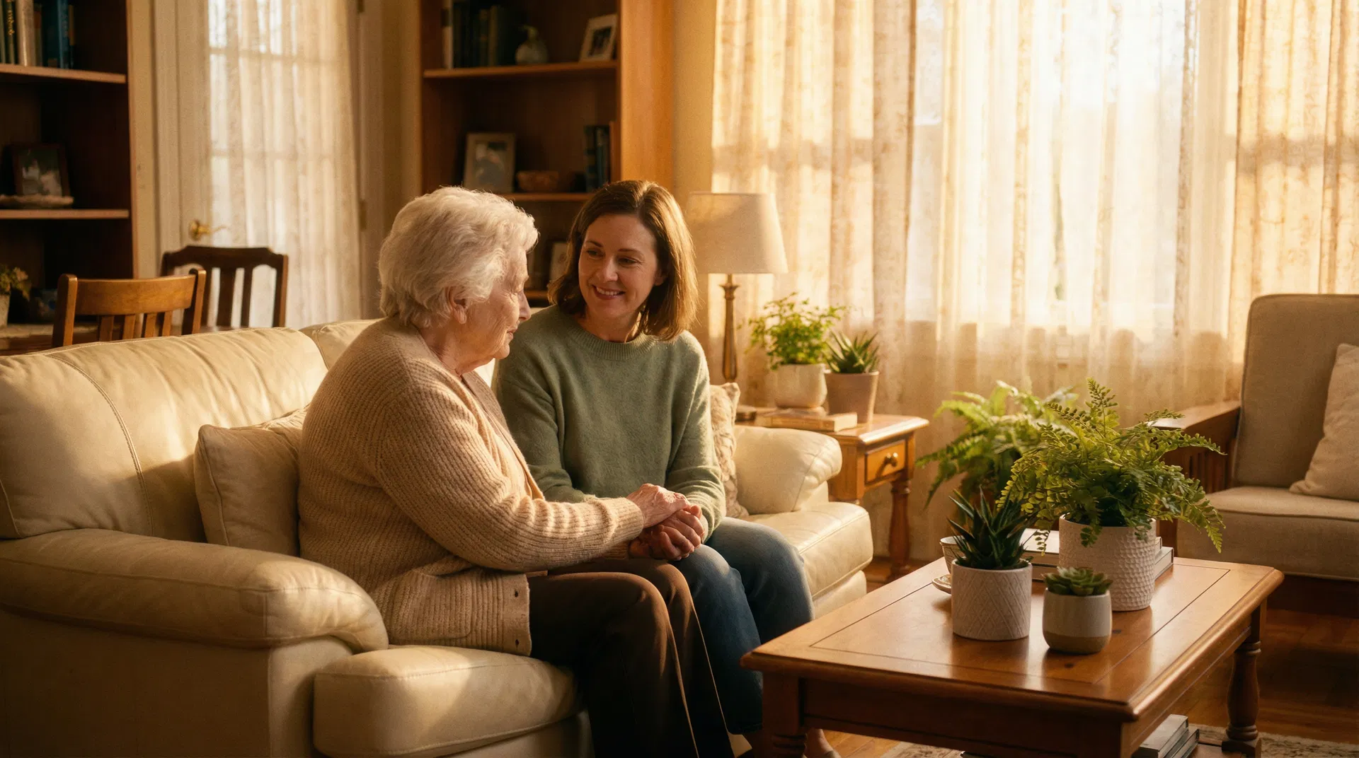 A grandmother and her adult daughter sitting together in a warm, sunlit living room, holding hands and smiling