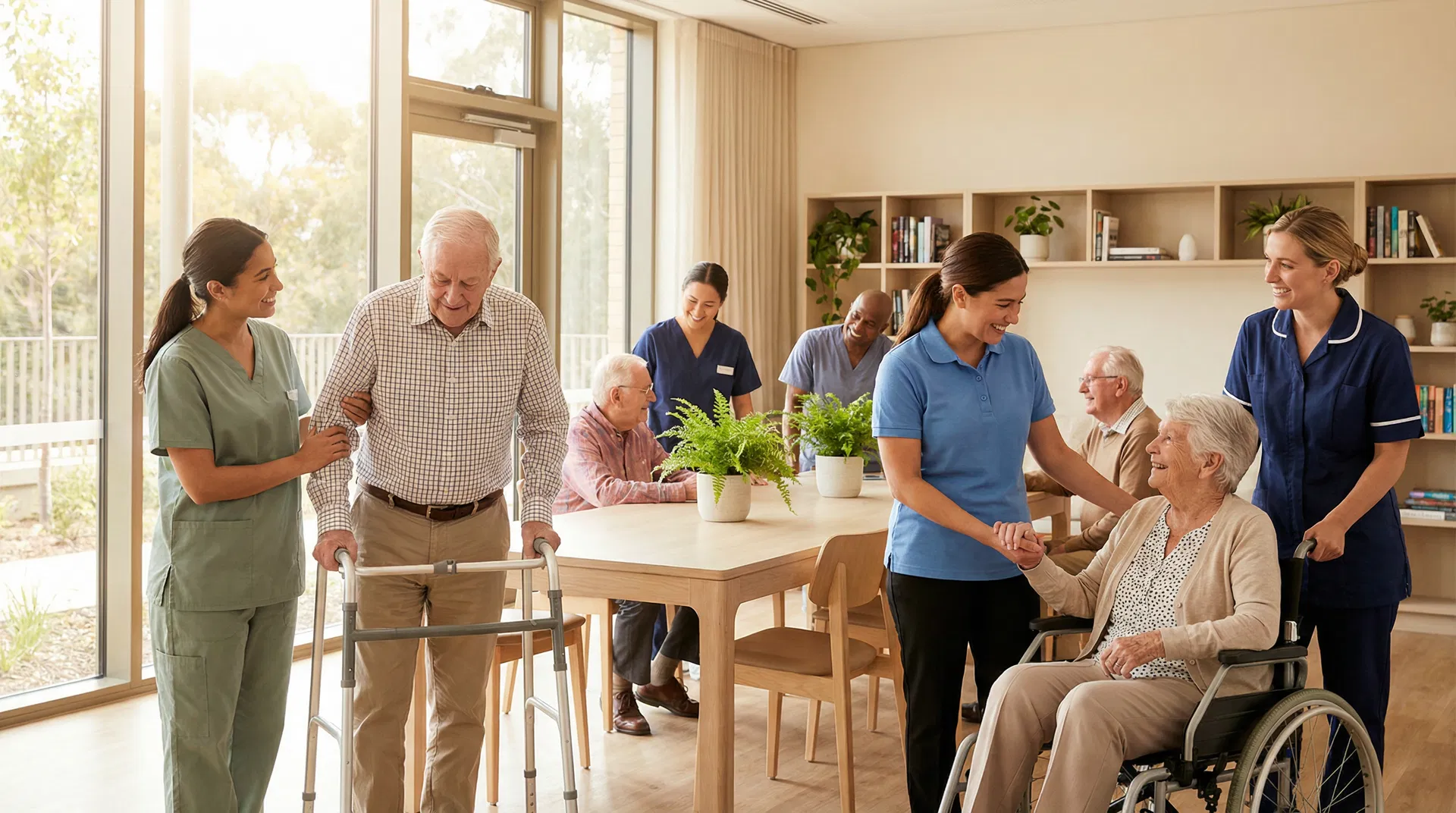A diverse group of care professionals and elderly clients in a bright community center, representing the Kingdom Senior Care community