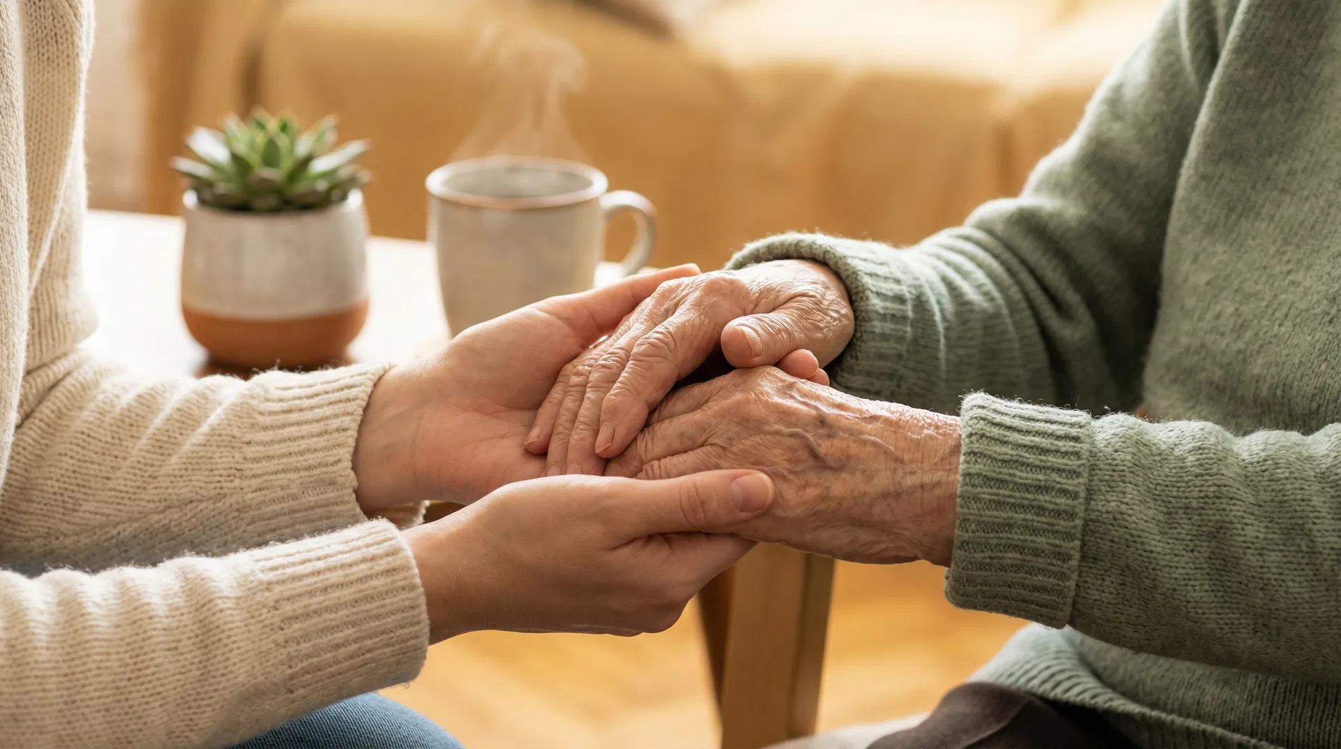 Caring hands gently holding an elderly person's hands, symbolizing trust and safety in care