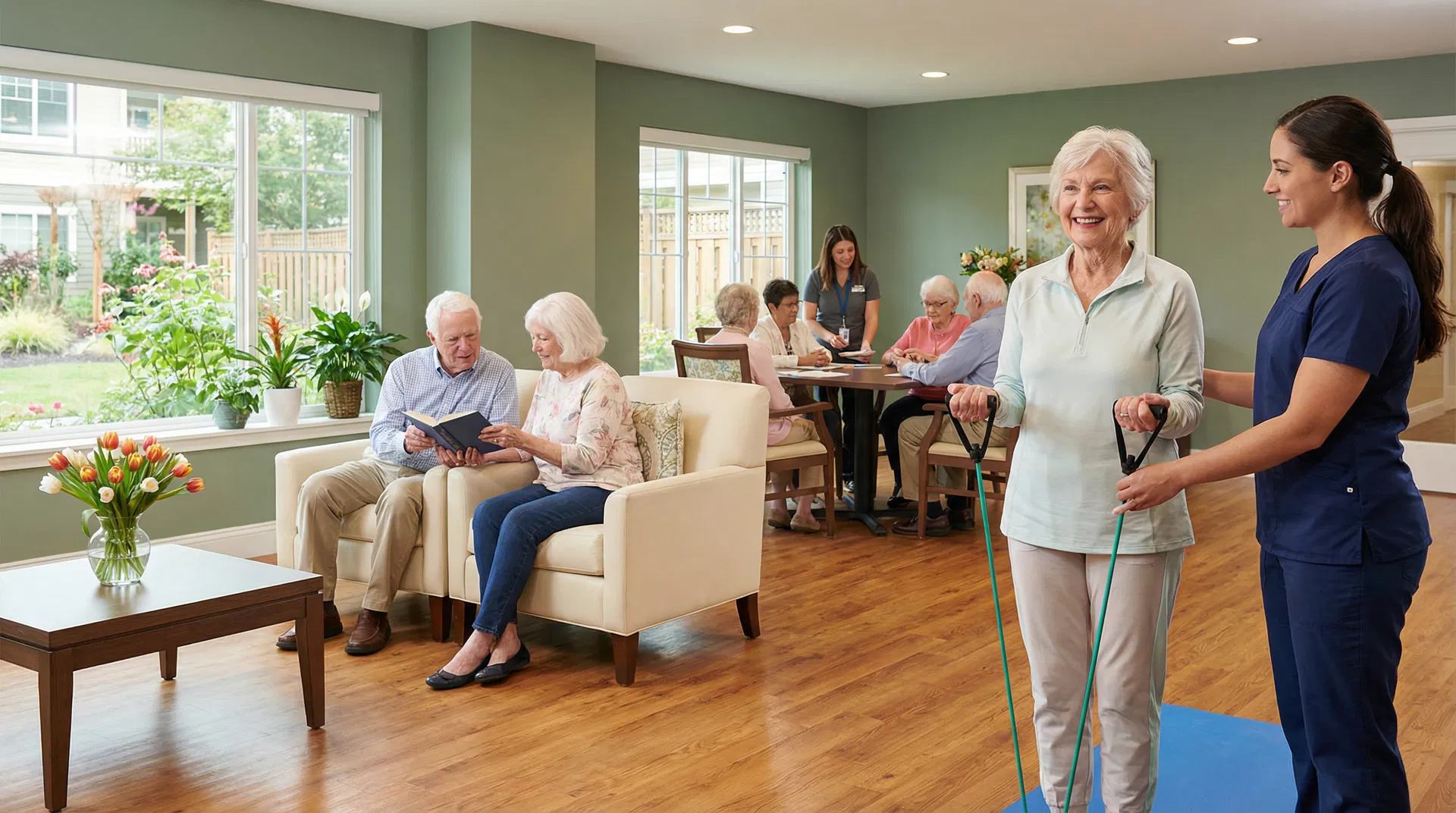 Seniors engaging in various care activities including exercise and reading in a bright, modern facility