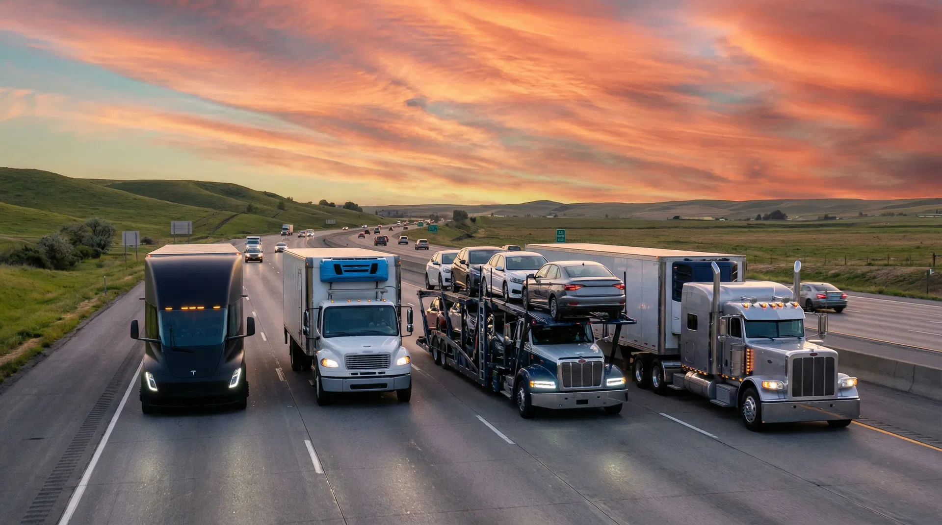 Fleet of freight trucks on American interstate highway