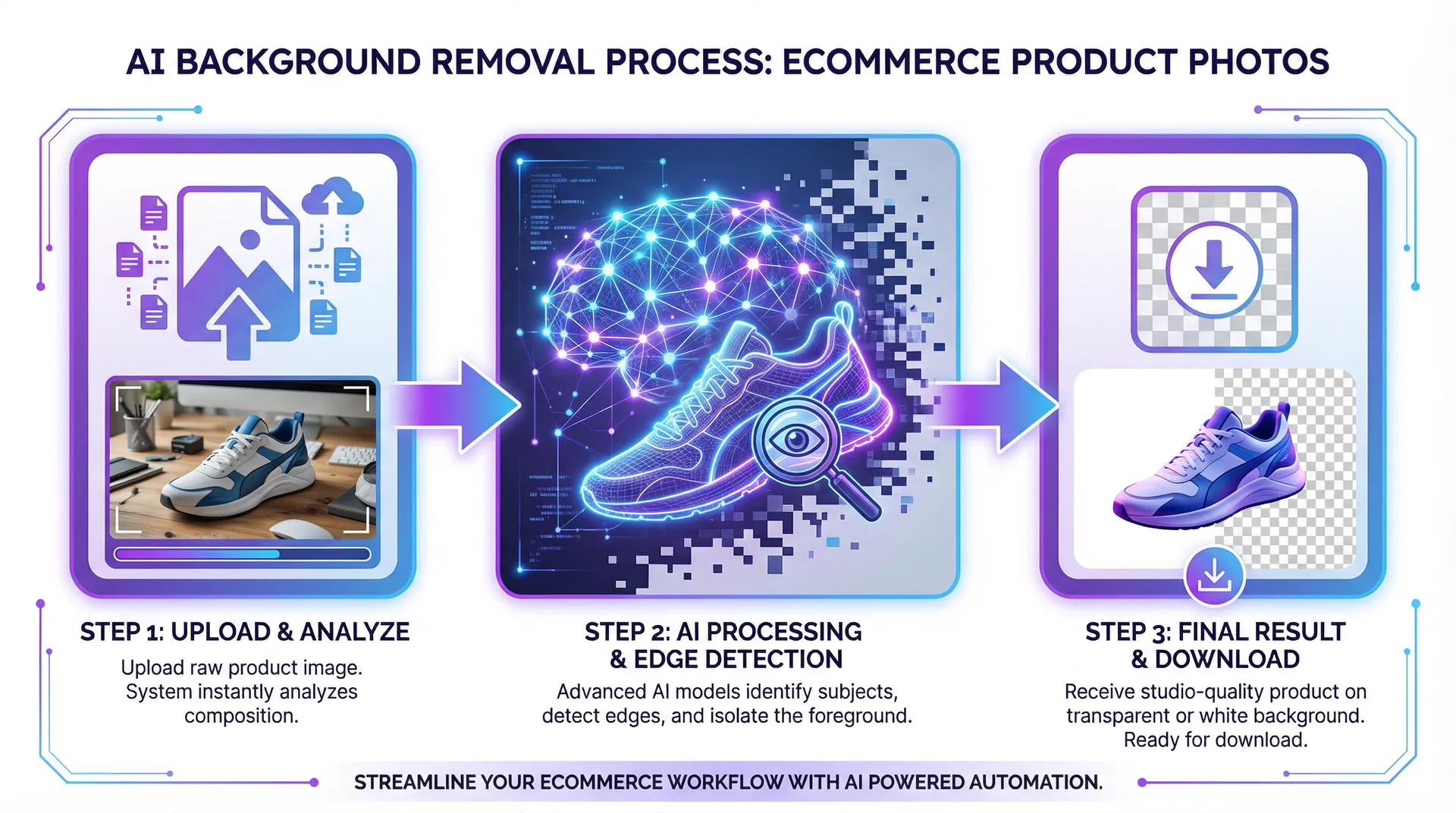 AI background removal process diagram showing three steps: upload, processing, and download