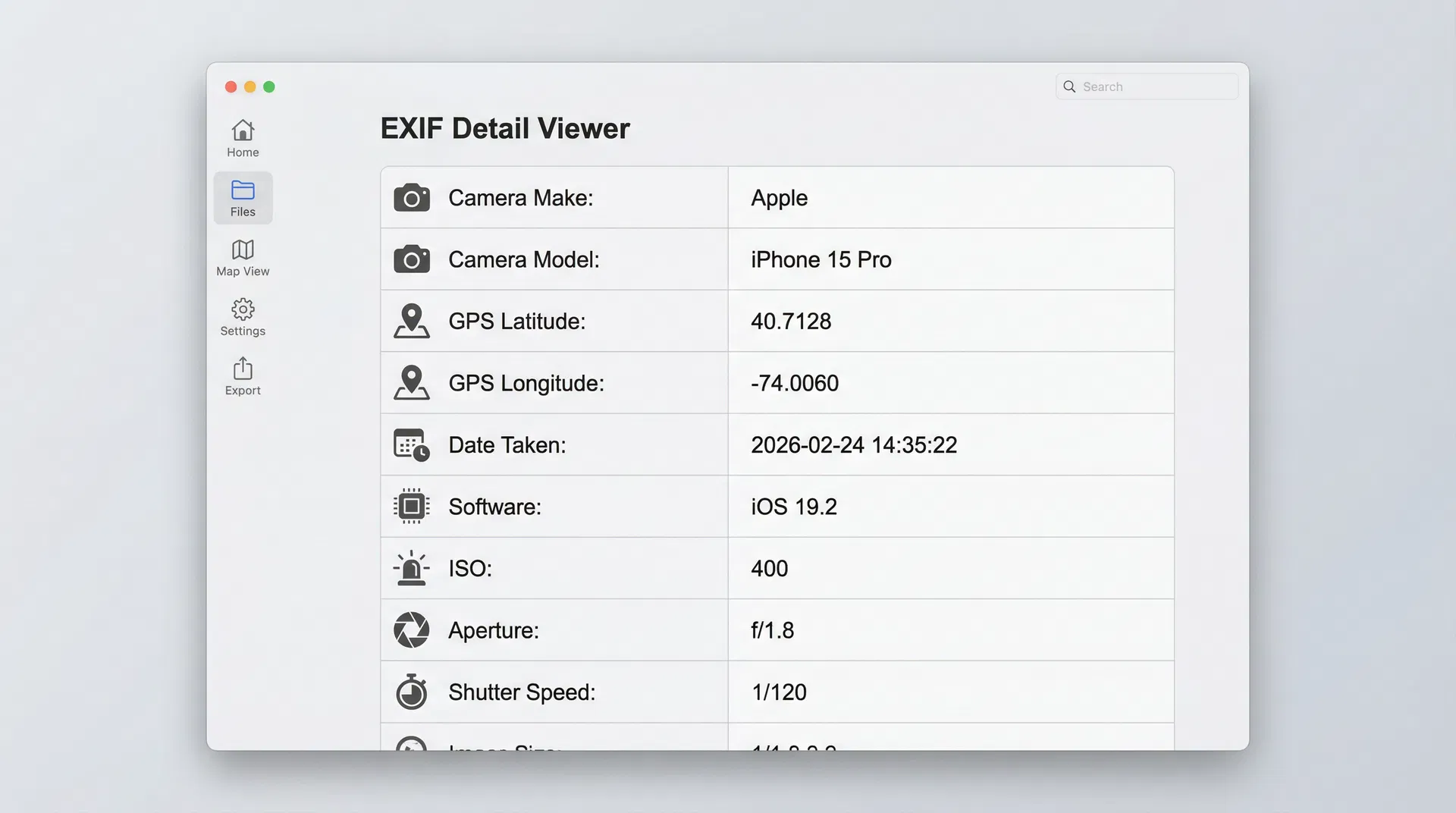EXIF data viewer interface displaying detailed photo metadata including camera make, model, GPS coordinates, date taken, and camera settings