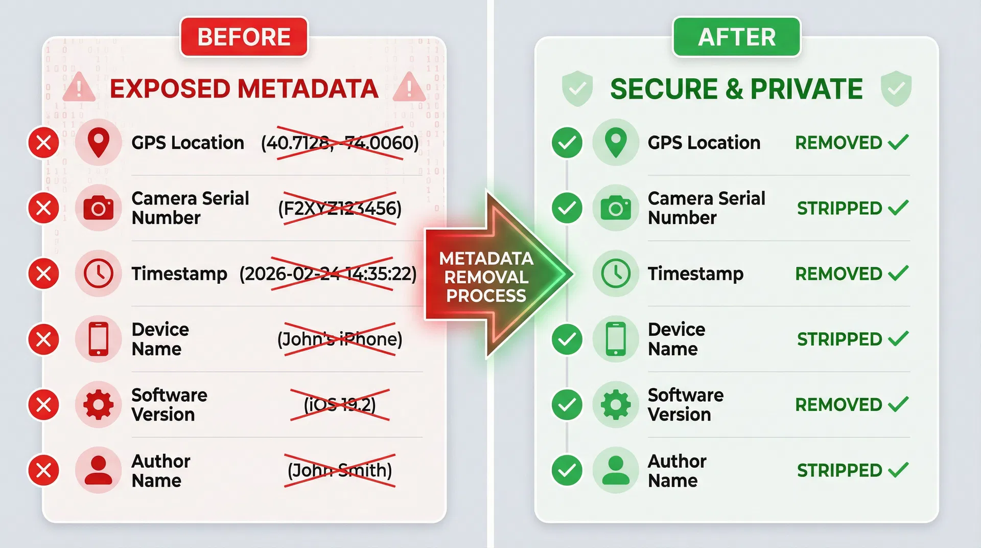 Split-screen comparison showing exposed metadata fields marked with red X on left and removed/stripped metadata marked with green checkmarks on right