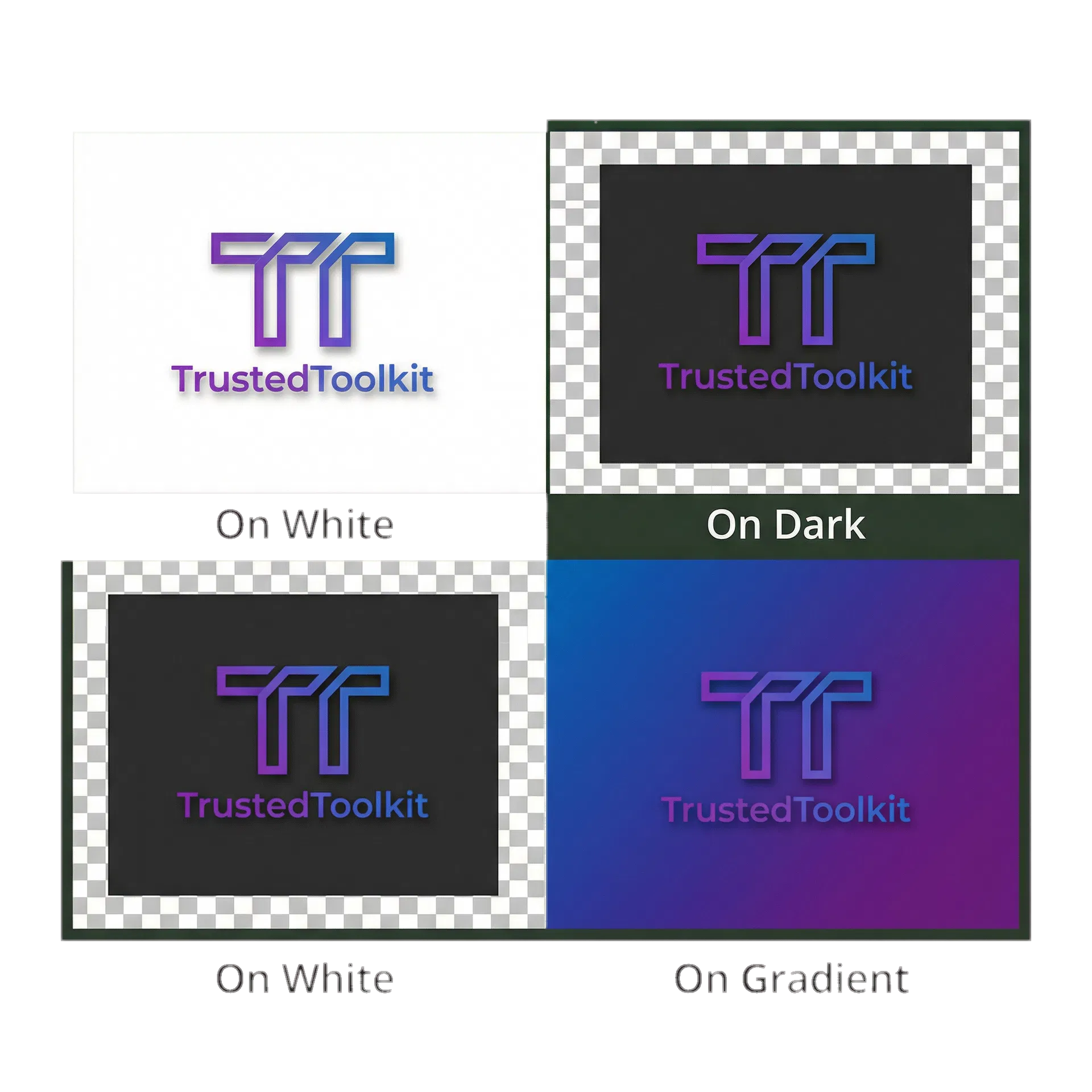 TrustedToolkit logo with transparent background displayed on white, dark, and gradient backgrounds demonstrating versatility of PNG transparency