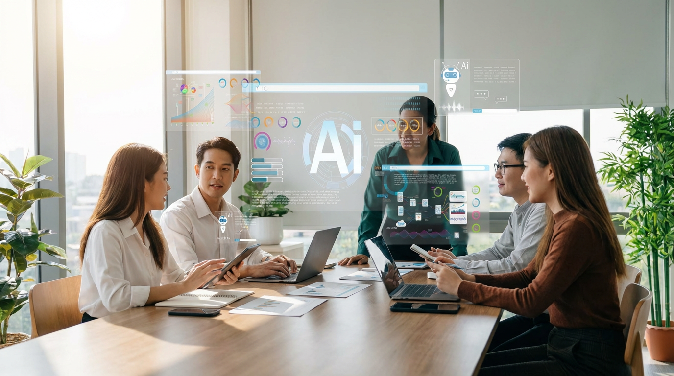 A diverse team of small business professionals collaborating around a table with a holographic AI interface displaying data analytics and charts. A diverse team of small business professionals collaborating around a table with a holographic AI interface displaying data analytics and charts.