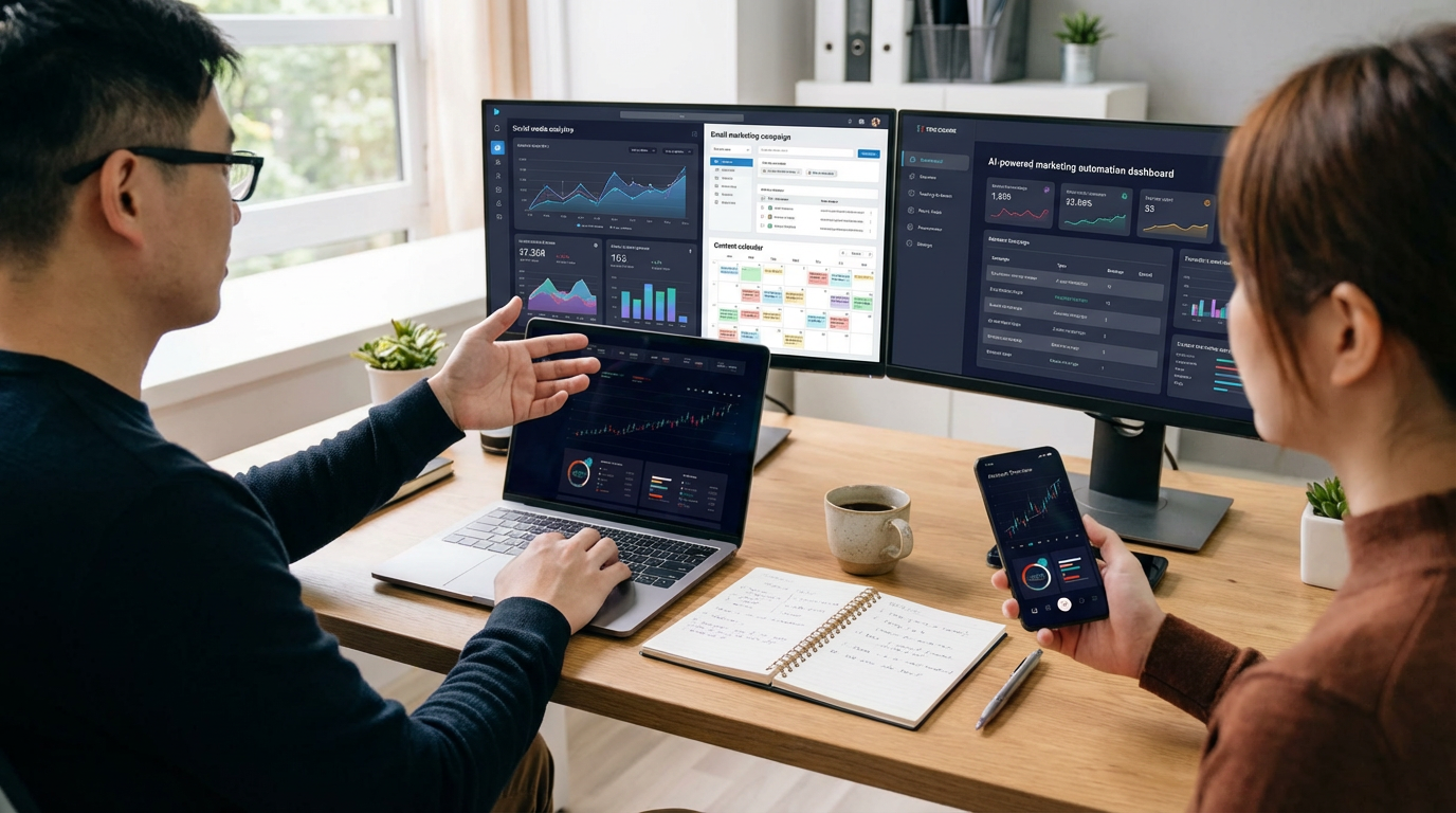 A marketing professional at a modern desk with monitors displaying social media analytics and AI-powered marketing automation dashboards. A marketing professional at a modern desk with monitors displaying social media analytics and AI-powered marketing automation dashboards.