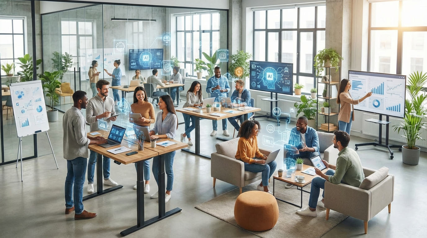 A modern, thriving small business office with employees collaborating and subtle digital overlays showing AI connectivity and data flow. A modern, thriving small business office with employees collaborating and subtle digital overlays showing AI connectivity and data flow.