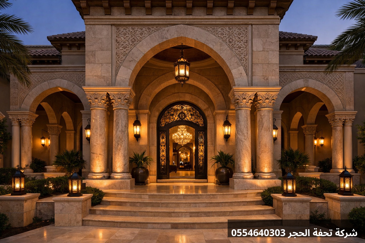 مدخل فيلا فاخر بحجر مزخرف وإضاءة دافئة