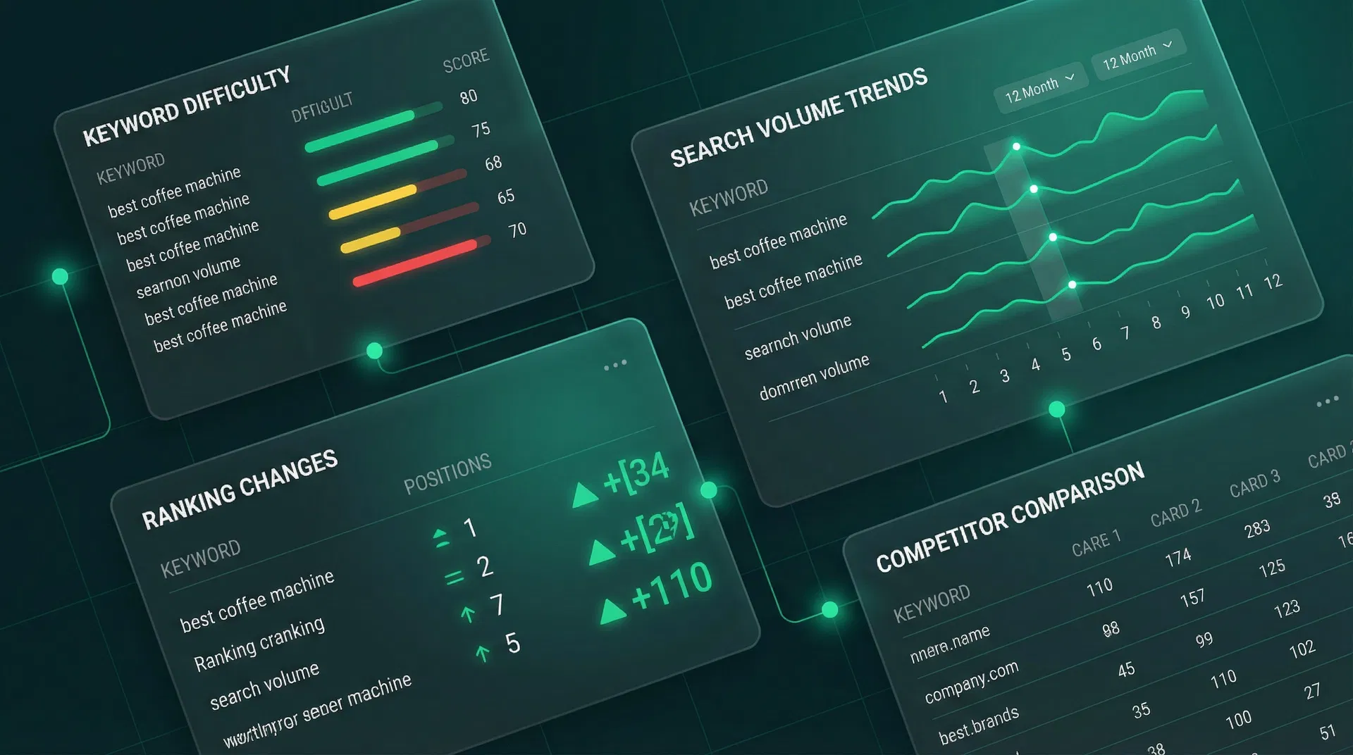 Prolific SEO analytics dashboard showing keyword difficulty scores, search volume trends, and ranking changes
