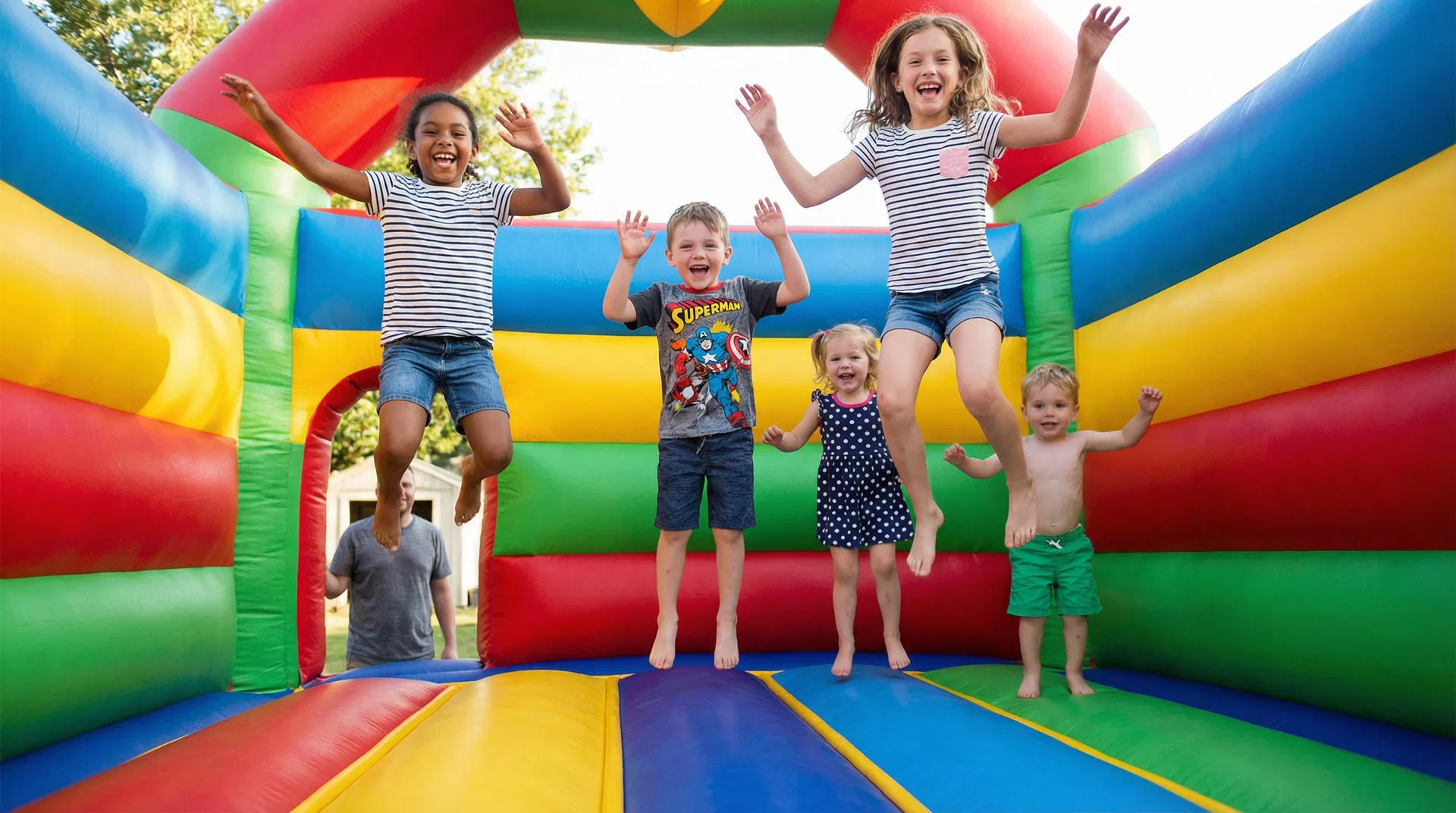 Happy kids jumping in bouncy house
