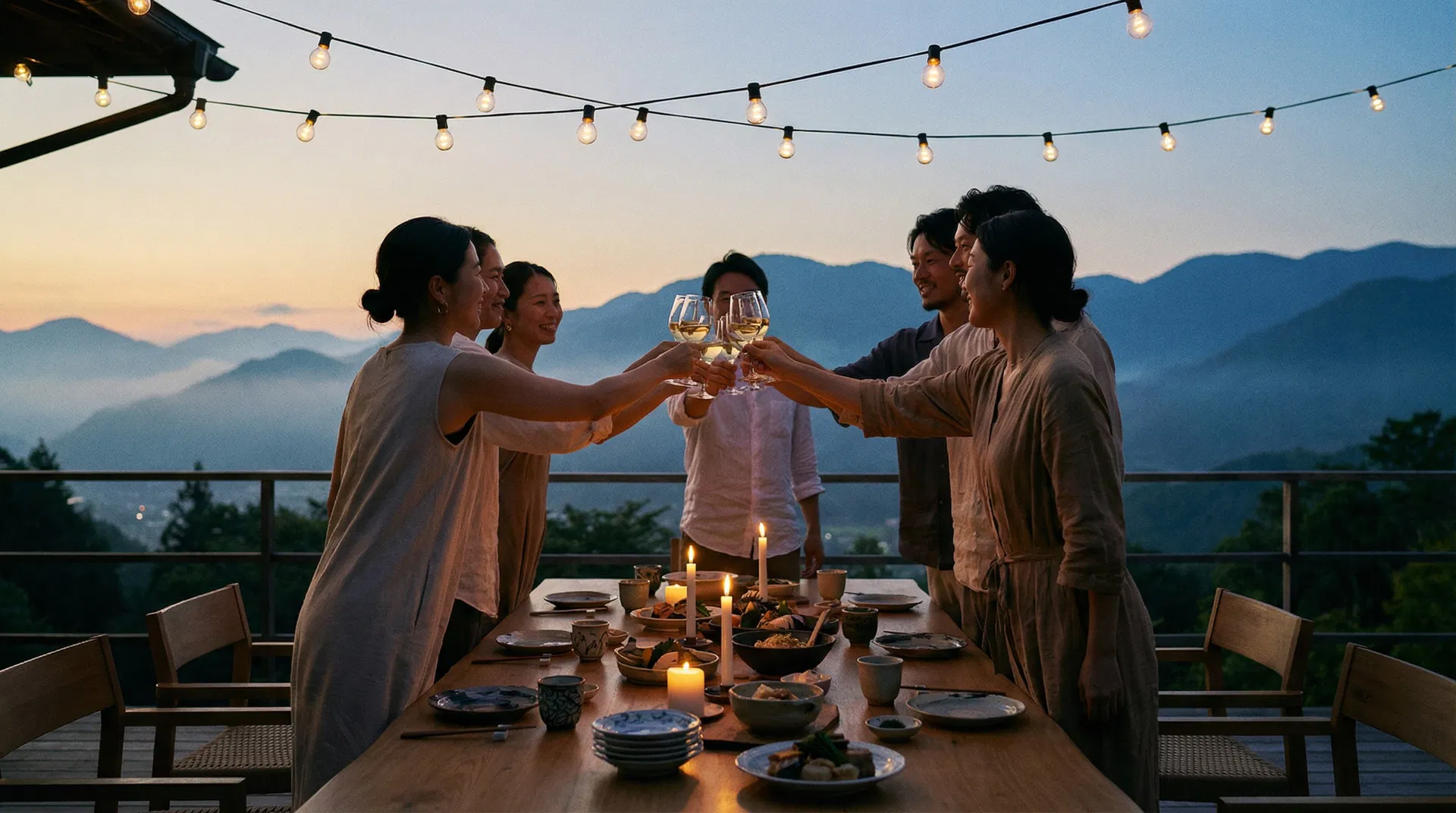 山の夕景でのディナー