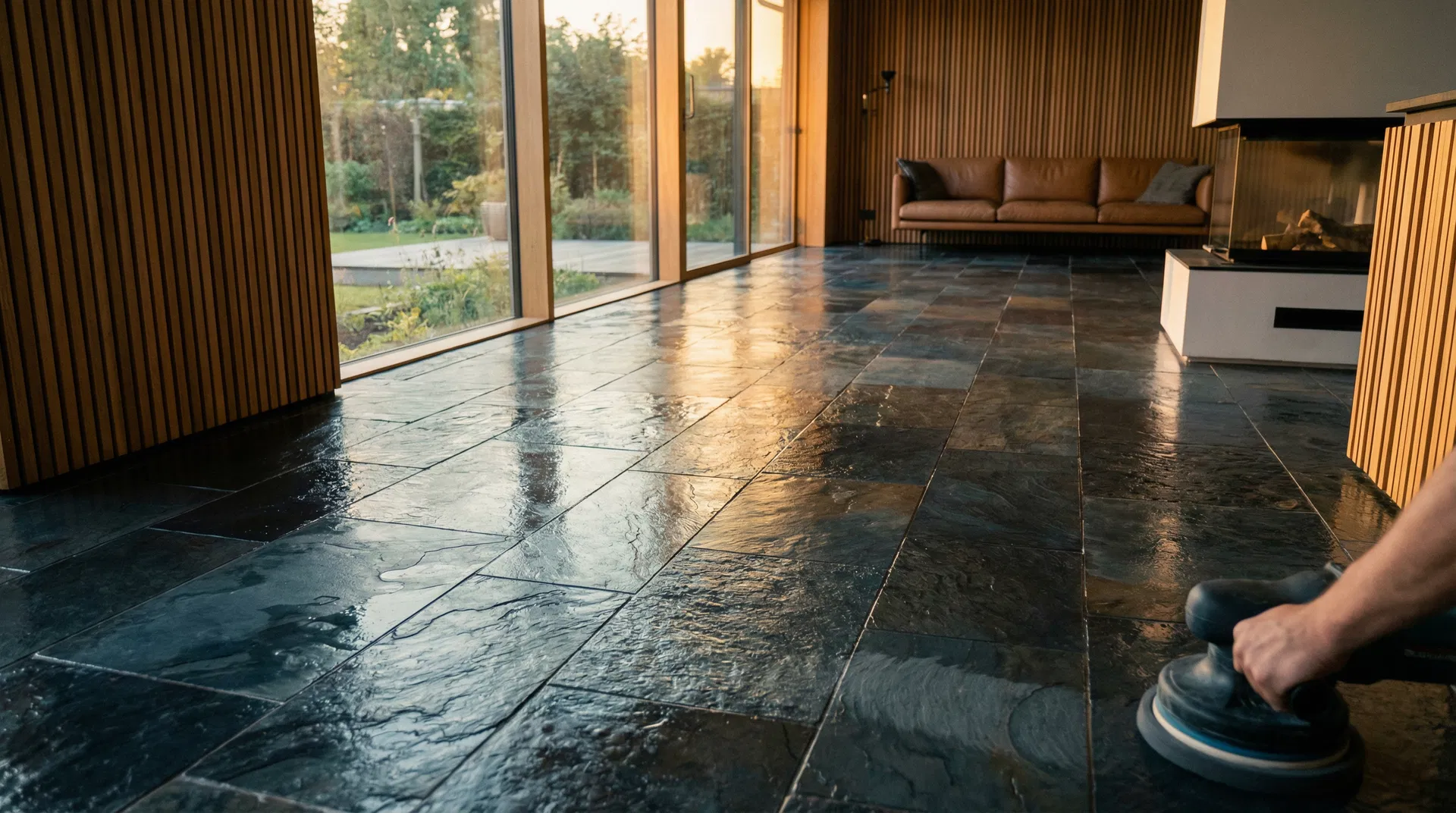 Professionell gereinigter Schieferboden mit natürlicher dunkler Textur