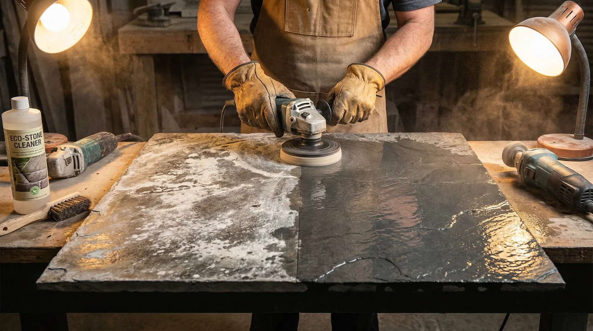 Schieferreinigung Vorher-Nachher Vergleich – links verschmutzt, rechts professionell gereinigt