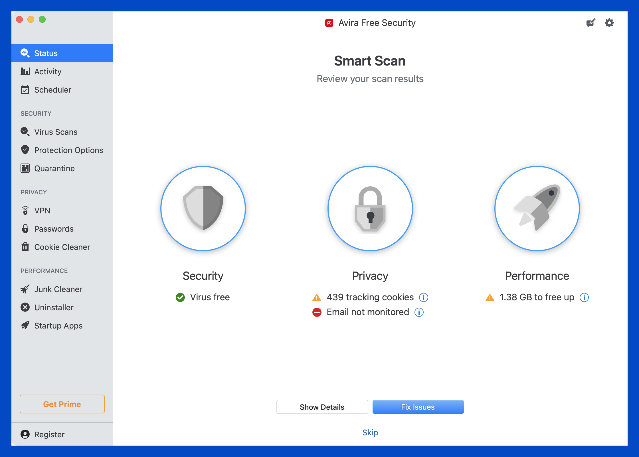 واجهة Avira Free Antivirus for Mac