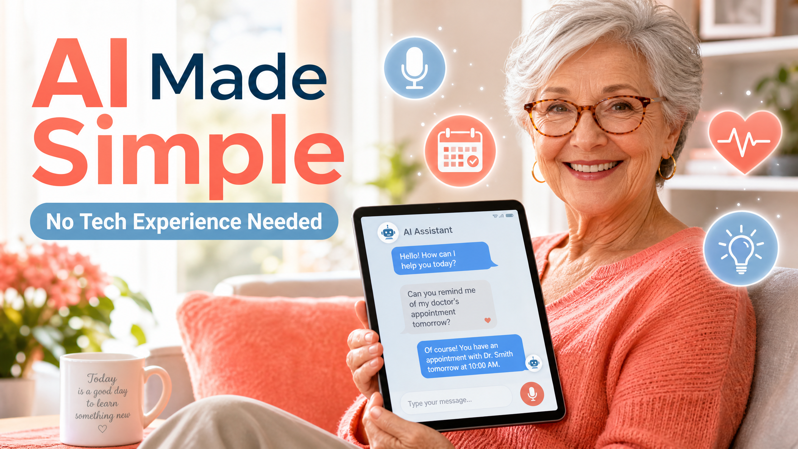 Hero Image: A smiling senior comfortably using a tablet with an AI assistant