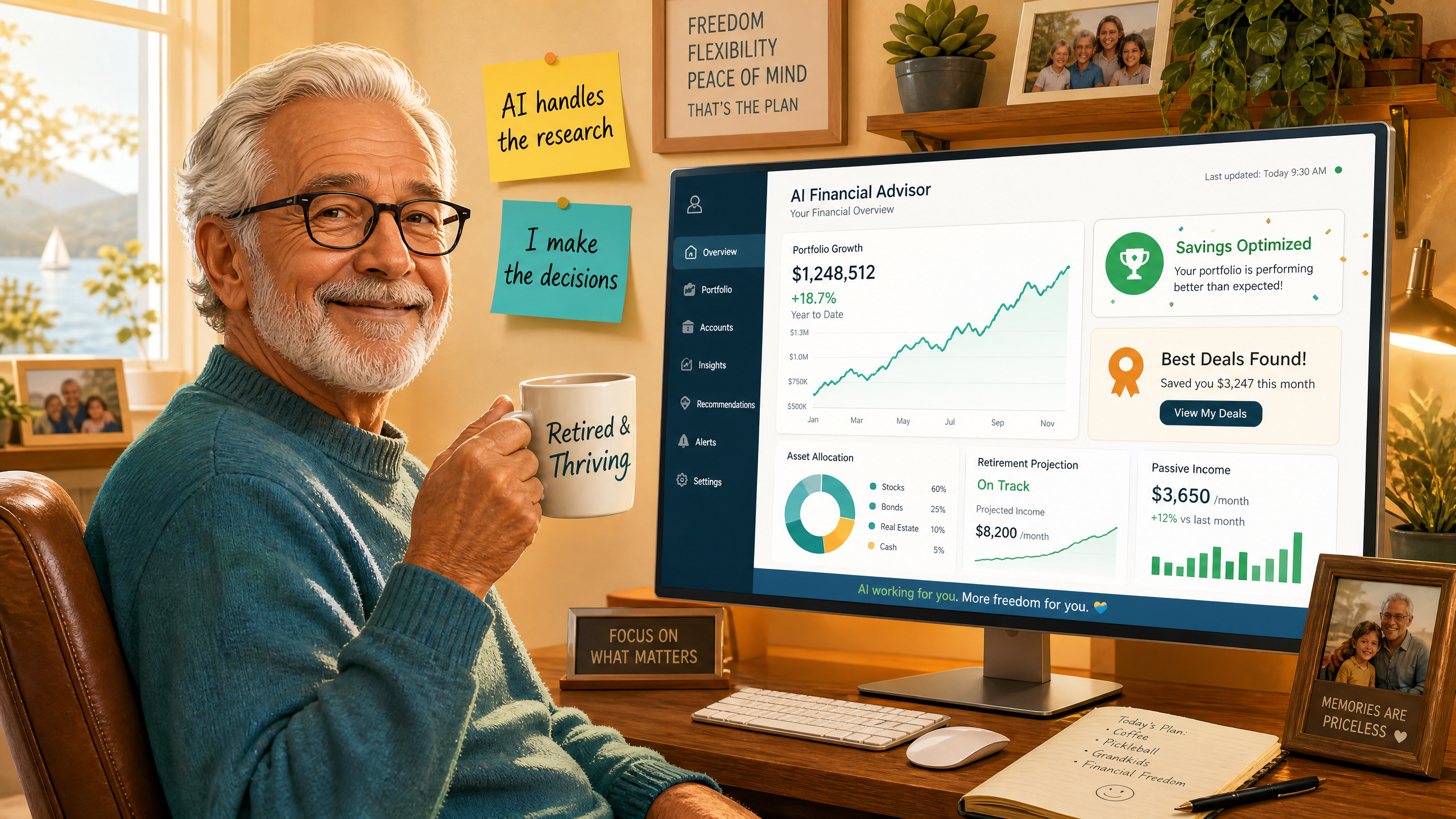 Supporting Image 2: A senior happily reviewing finances with an AI dashboard