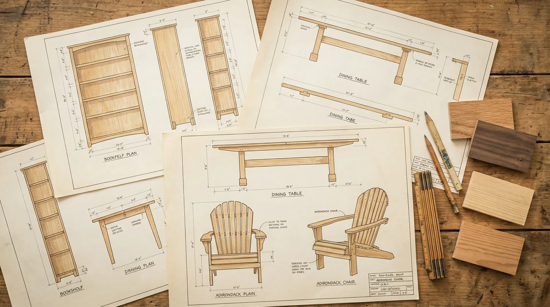 Detailed woodworking plans spread across a table