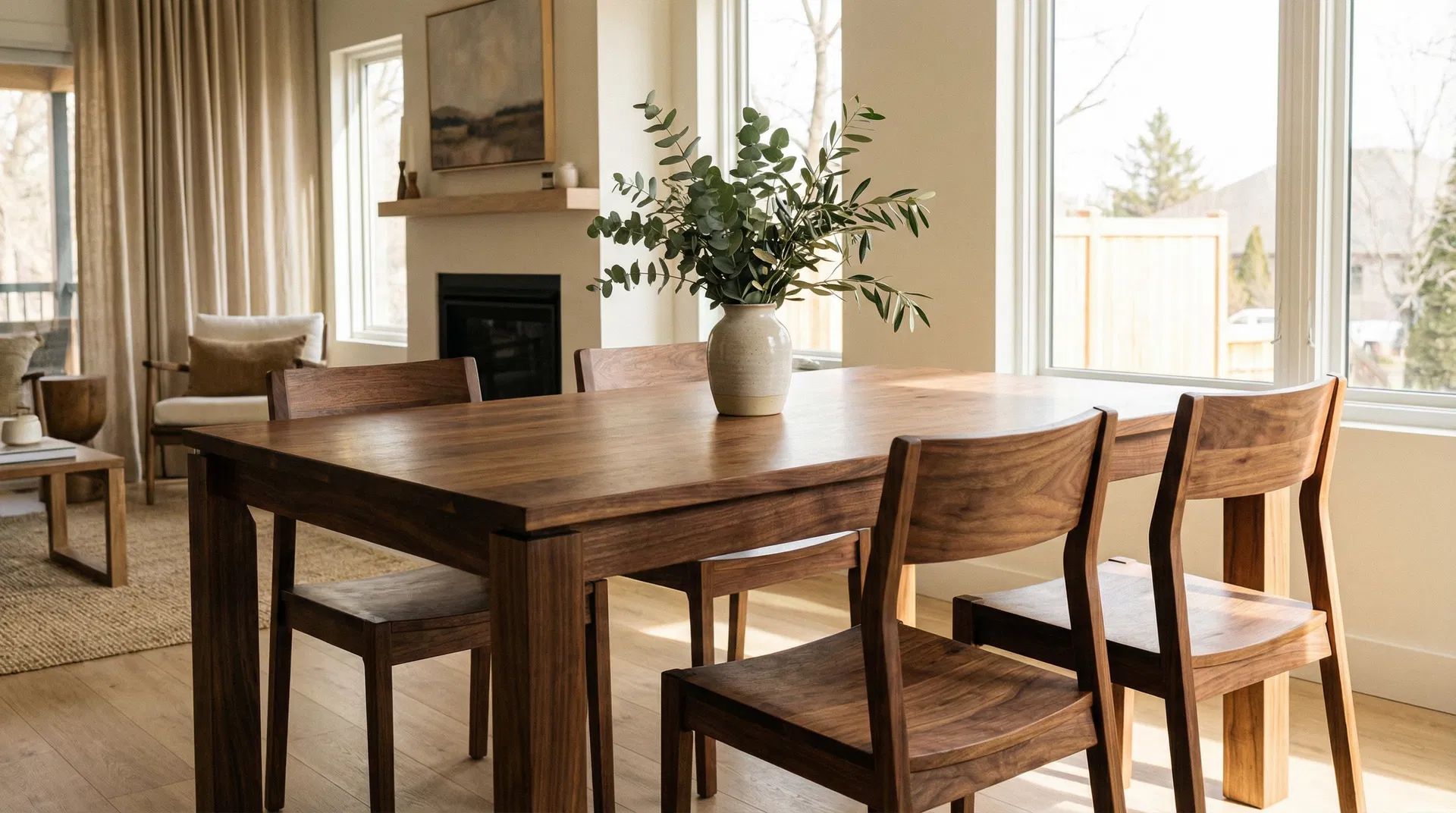 Beautiful handmade wooden dining table in a modern home