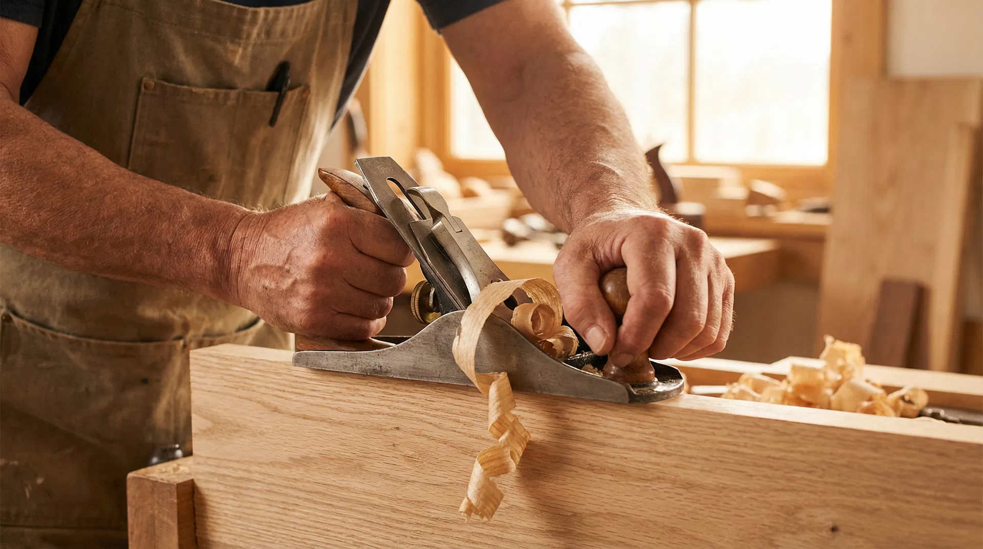 Hands using a hand plane on wood