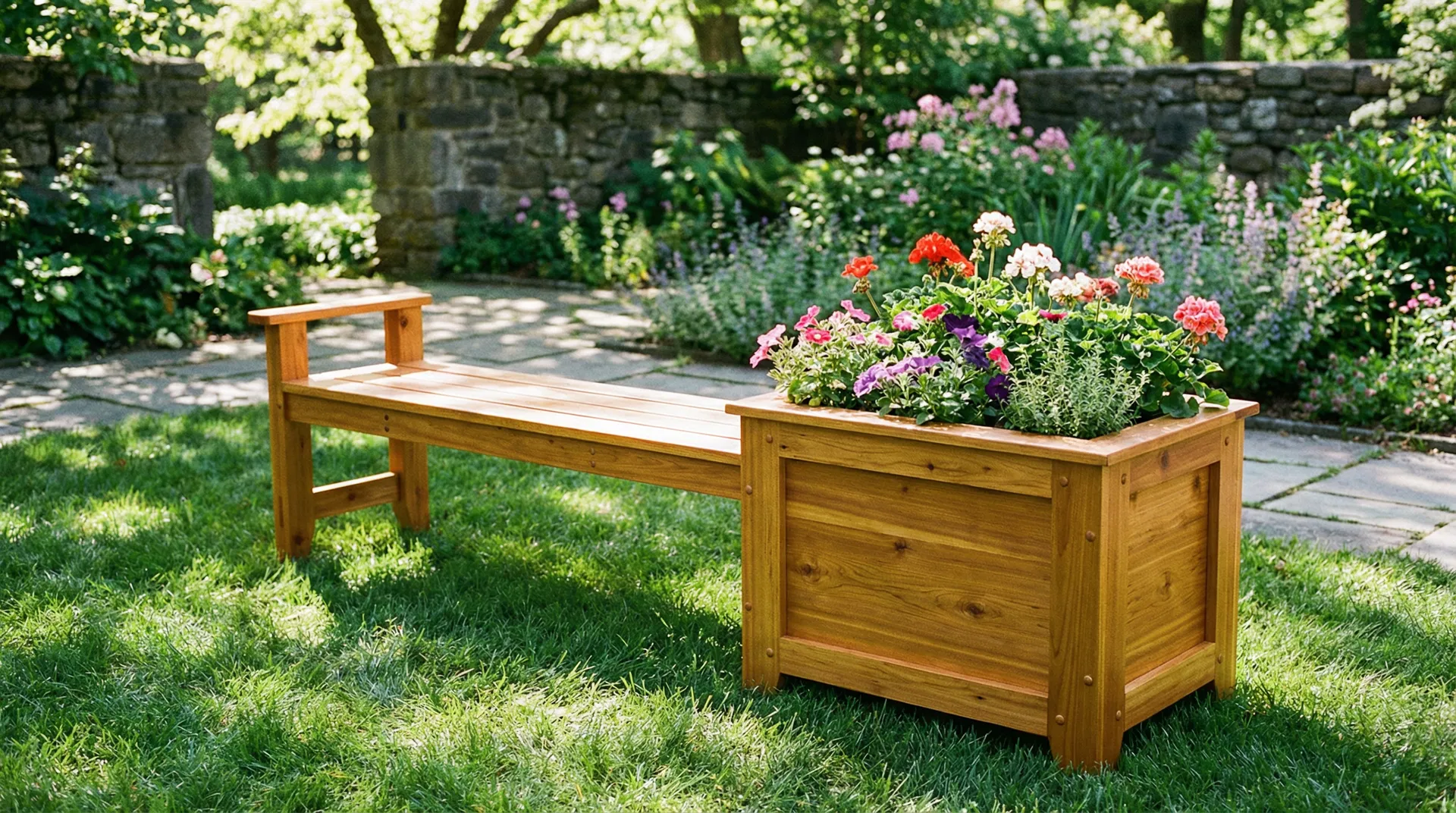 Handmade wooden garden bench with planter