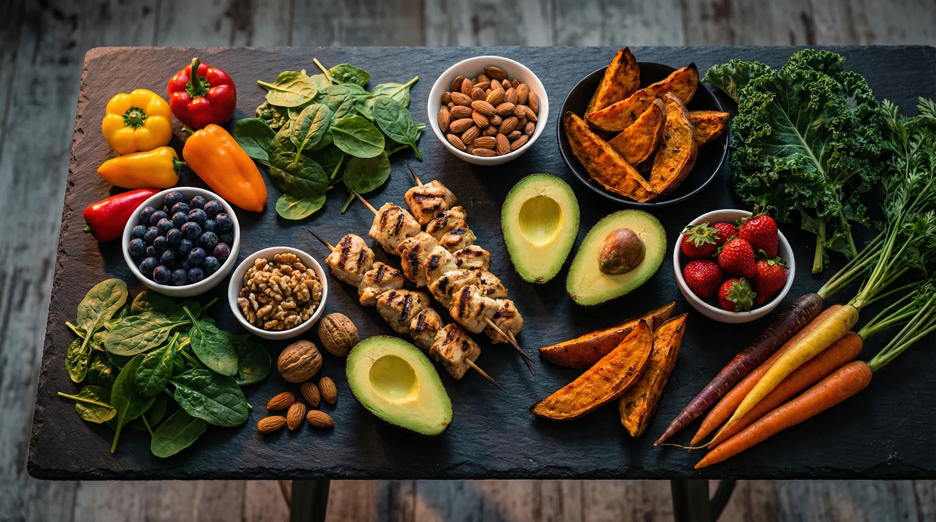 Fresh whole foods including avocados, berries, vegetables, and nuts — the foundation of the 30-Day Anti-Diet Protocol