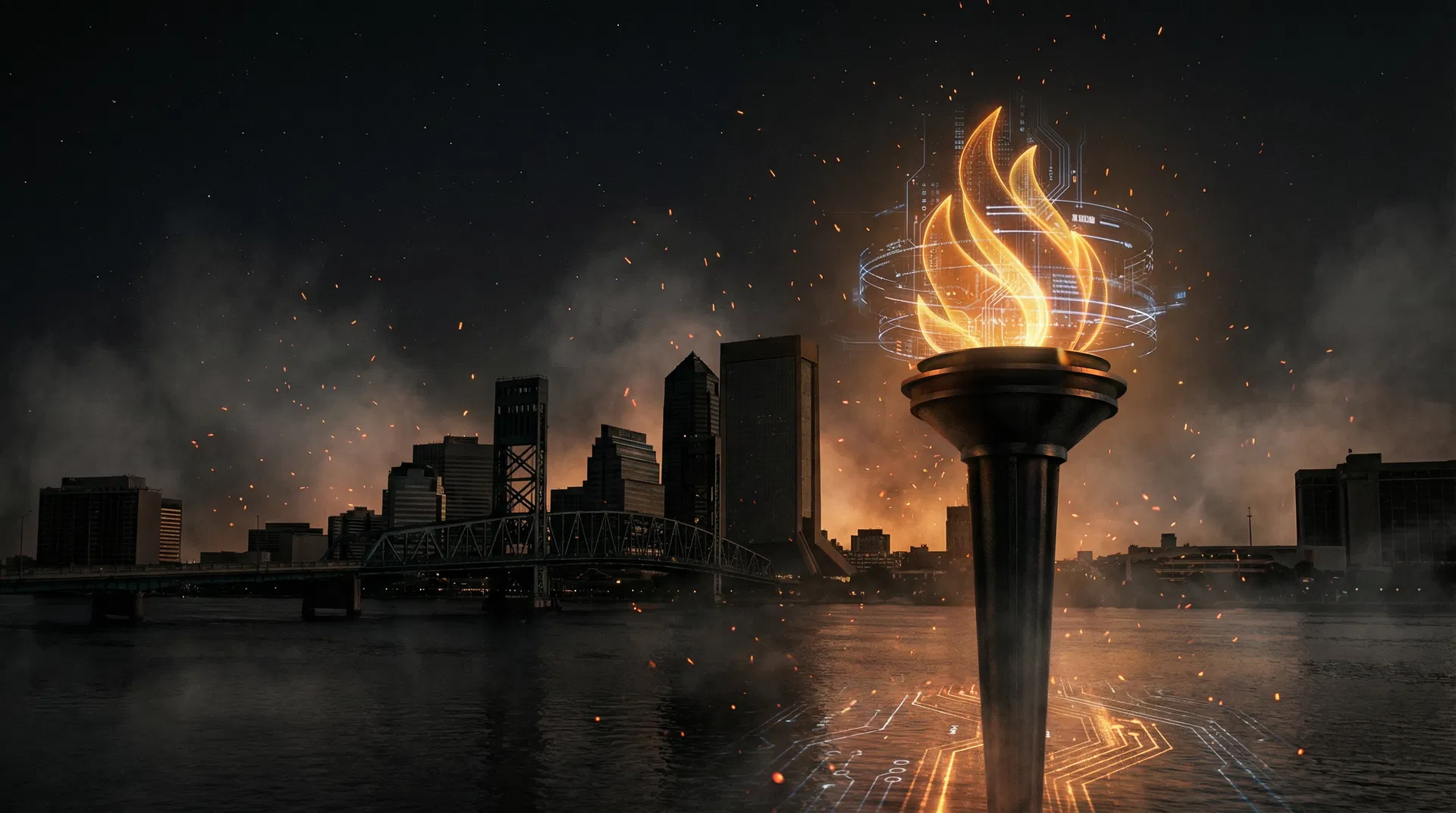 Glowing torch against Jacksonville skyline