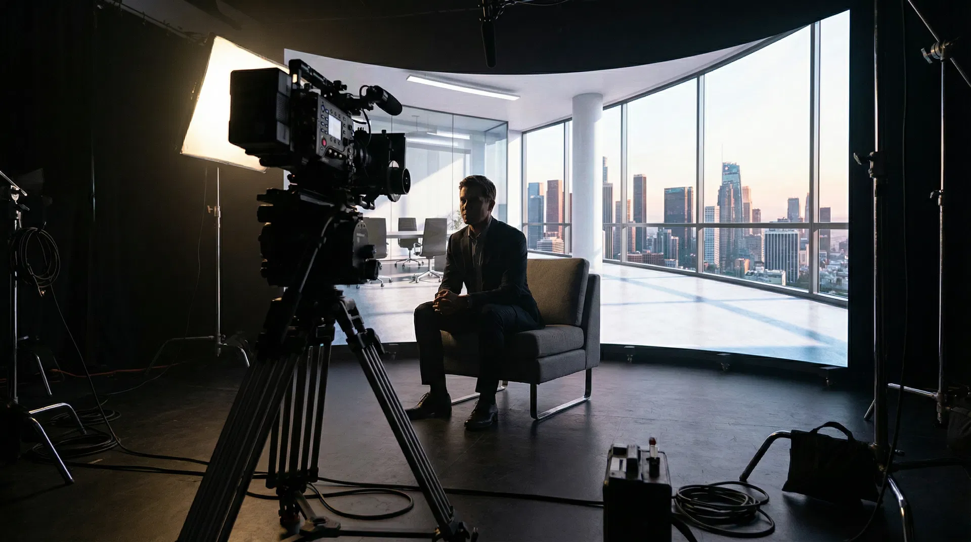 Virtual production with LED video wall showing immersive background behind subject