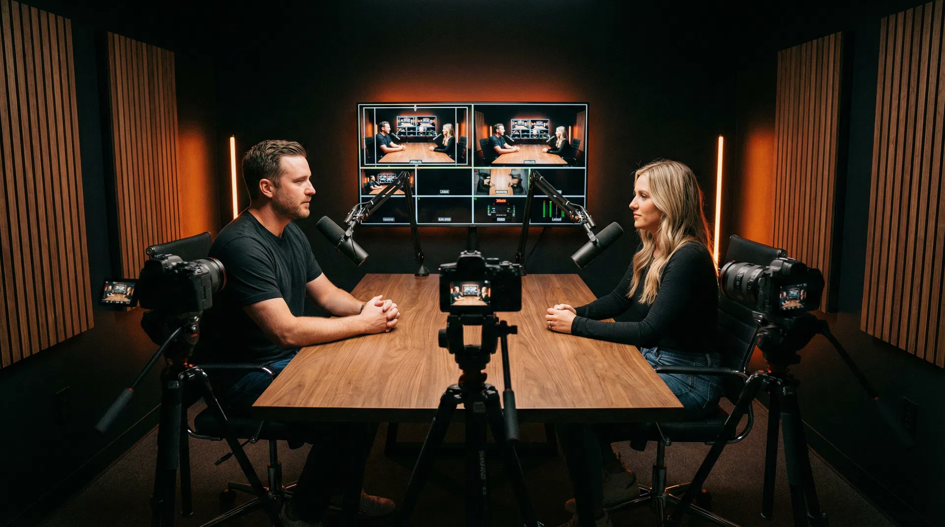 Professional podcast recording setup at AVP.Live Studio with multiple microphones and cameras