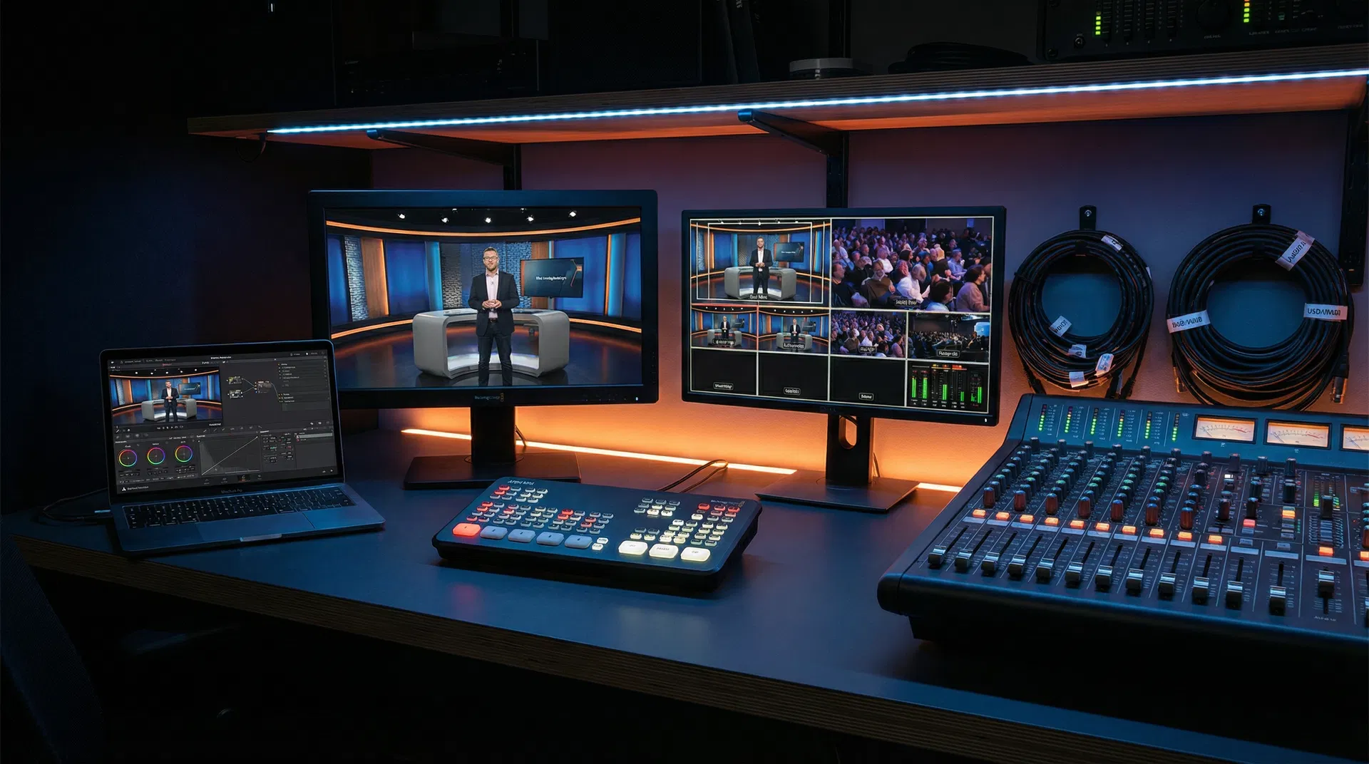 AVP.Live Studio control room with Blackmagic ATEM switcher and monitors