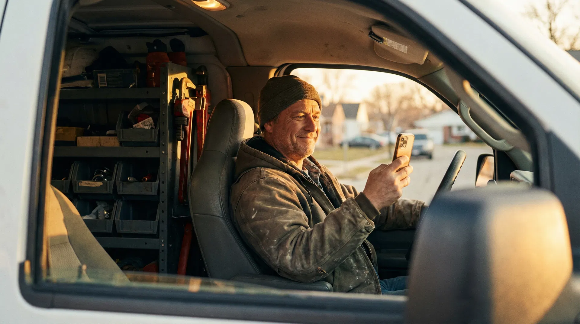 Plumber using phone to create invoices