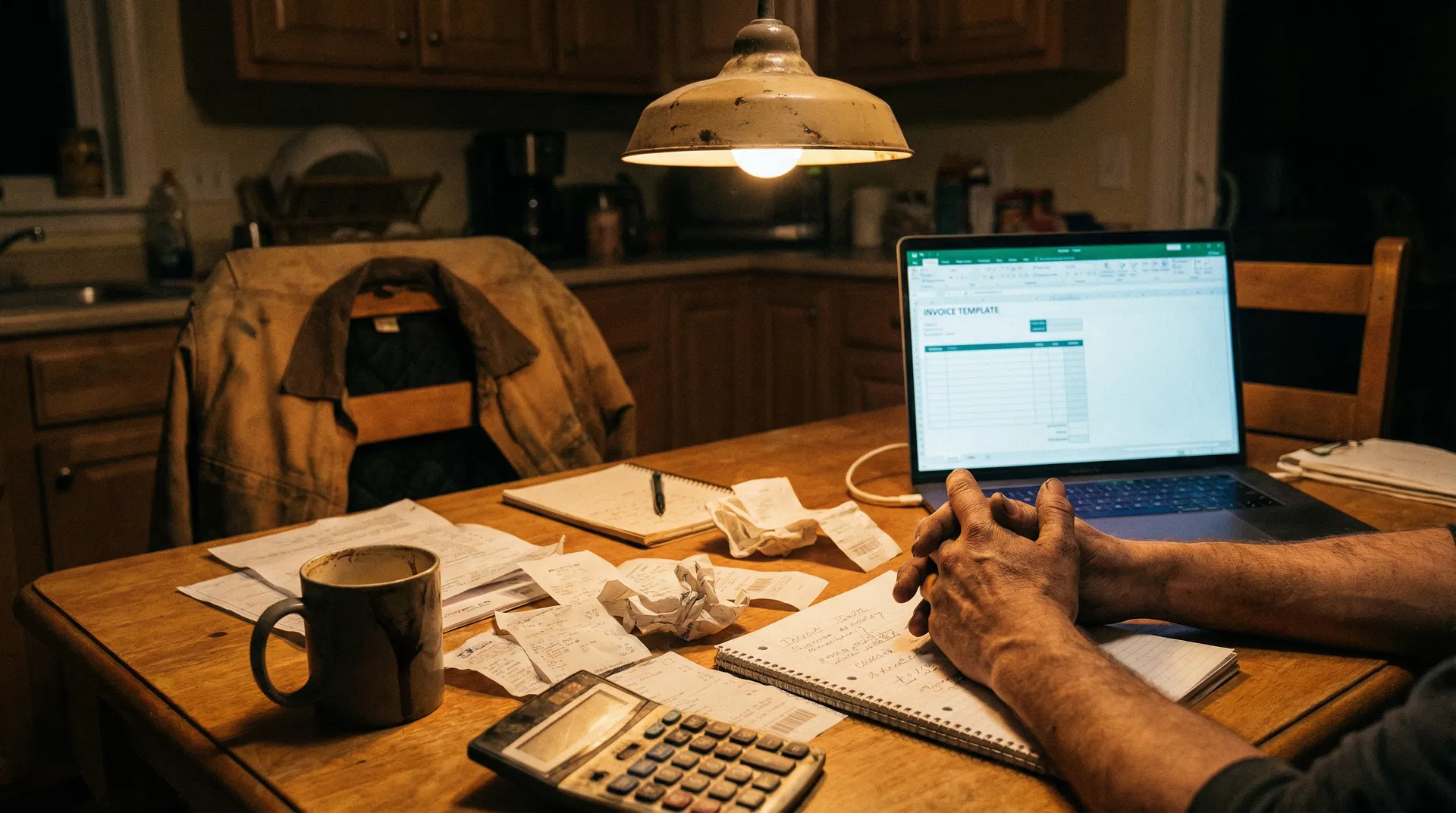 Tired tradesperson doing paperwork at kitchen table