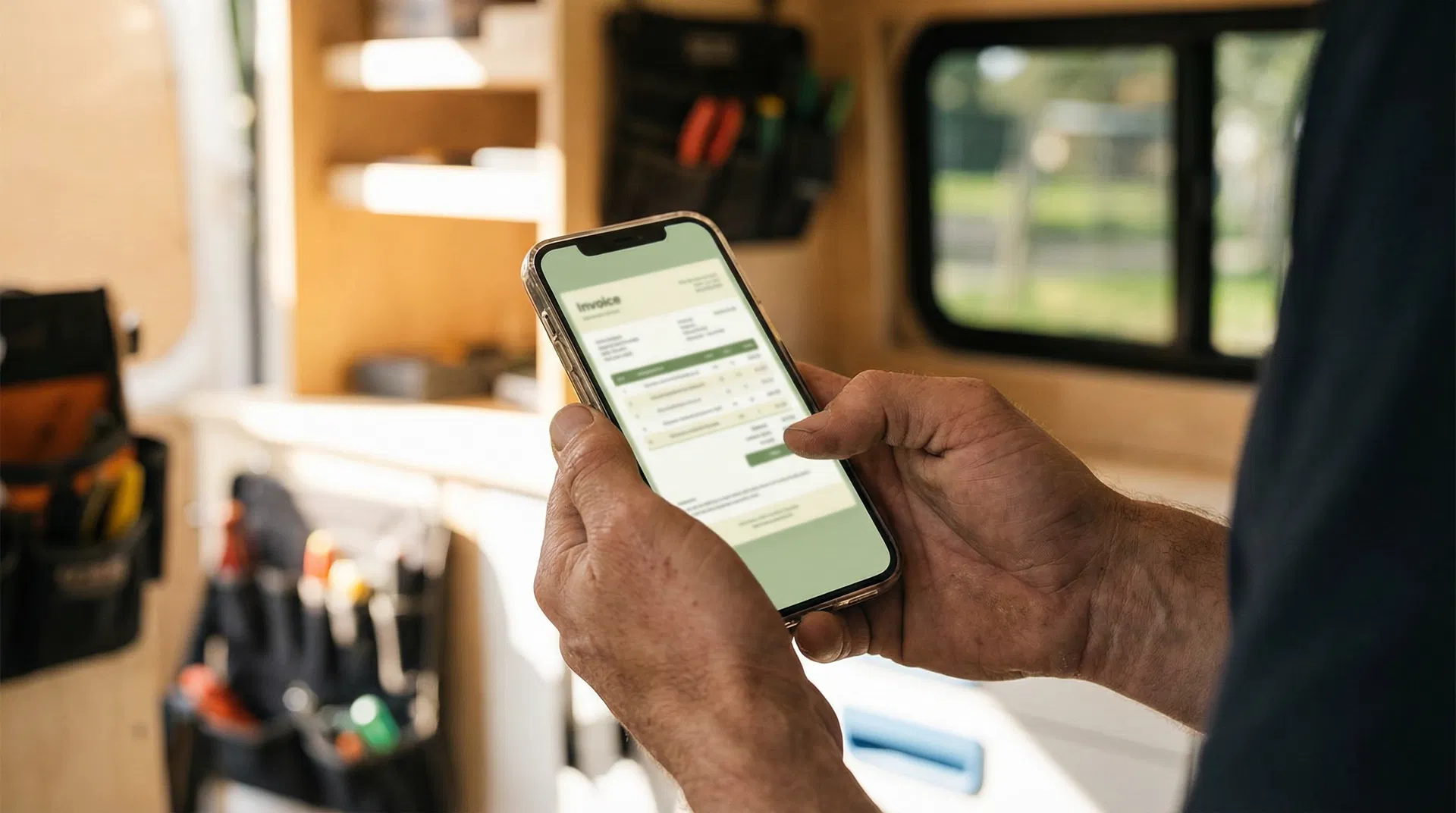Phone showing professional invoice created by AI